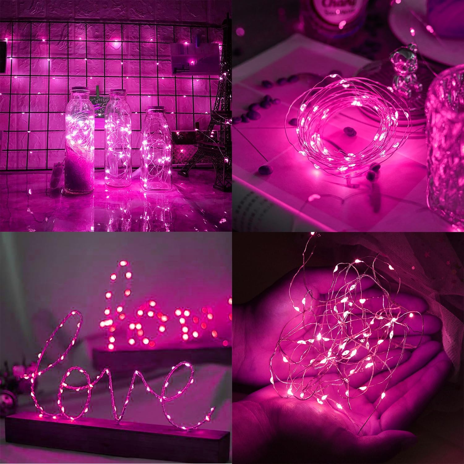 WATERGLIDE 12 Pack Valentine's Fairy Lights Battery Operated (Included), 7 ft 20 LED Mini String Lights, Waterproof Silver Wire Firefly Starry Light for DIY Wedding Party Mason Jars Decor, Pink - Image 2