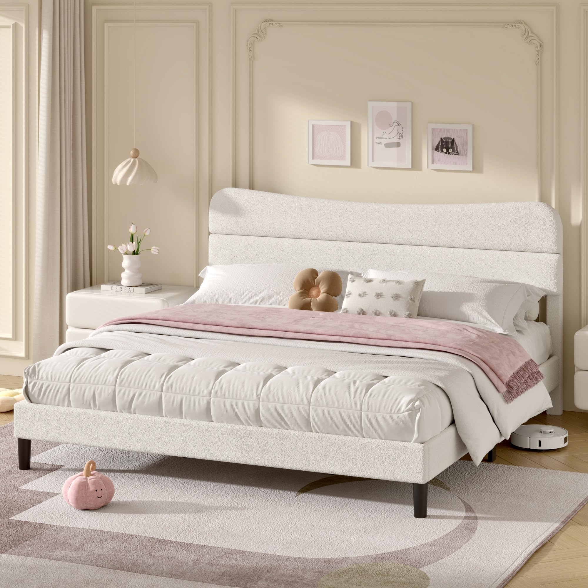 King Size Bed Frame Upholstered King Bed Frame and Headboard Teddy Boucle Fabric bedframe King Size Soft Cloud