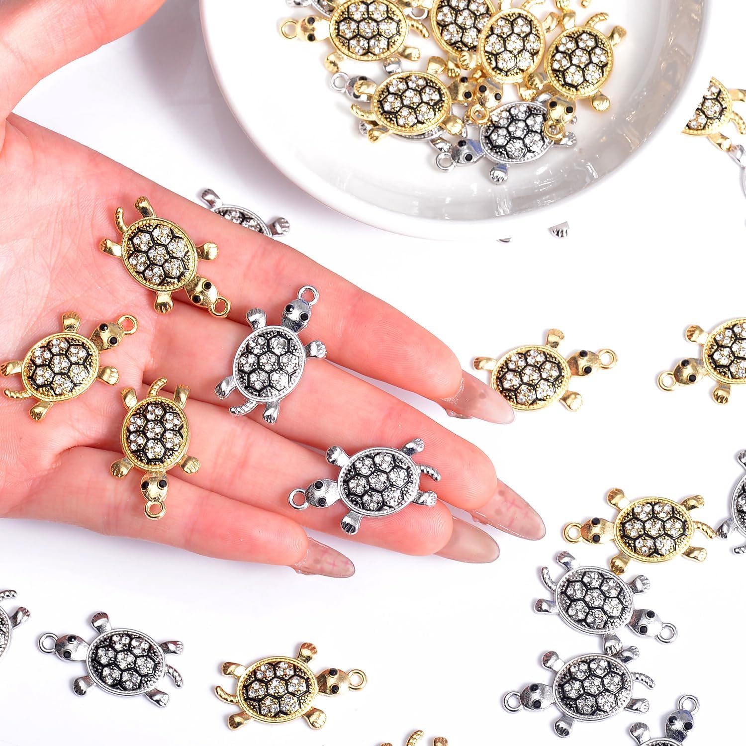 stino 40 Pieces Rhinestone Charms, Turtle Heart & Rhombus Jewelry Making Supplies, Silver & Gold Plated Crystal Pendants - Image 4