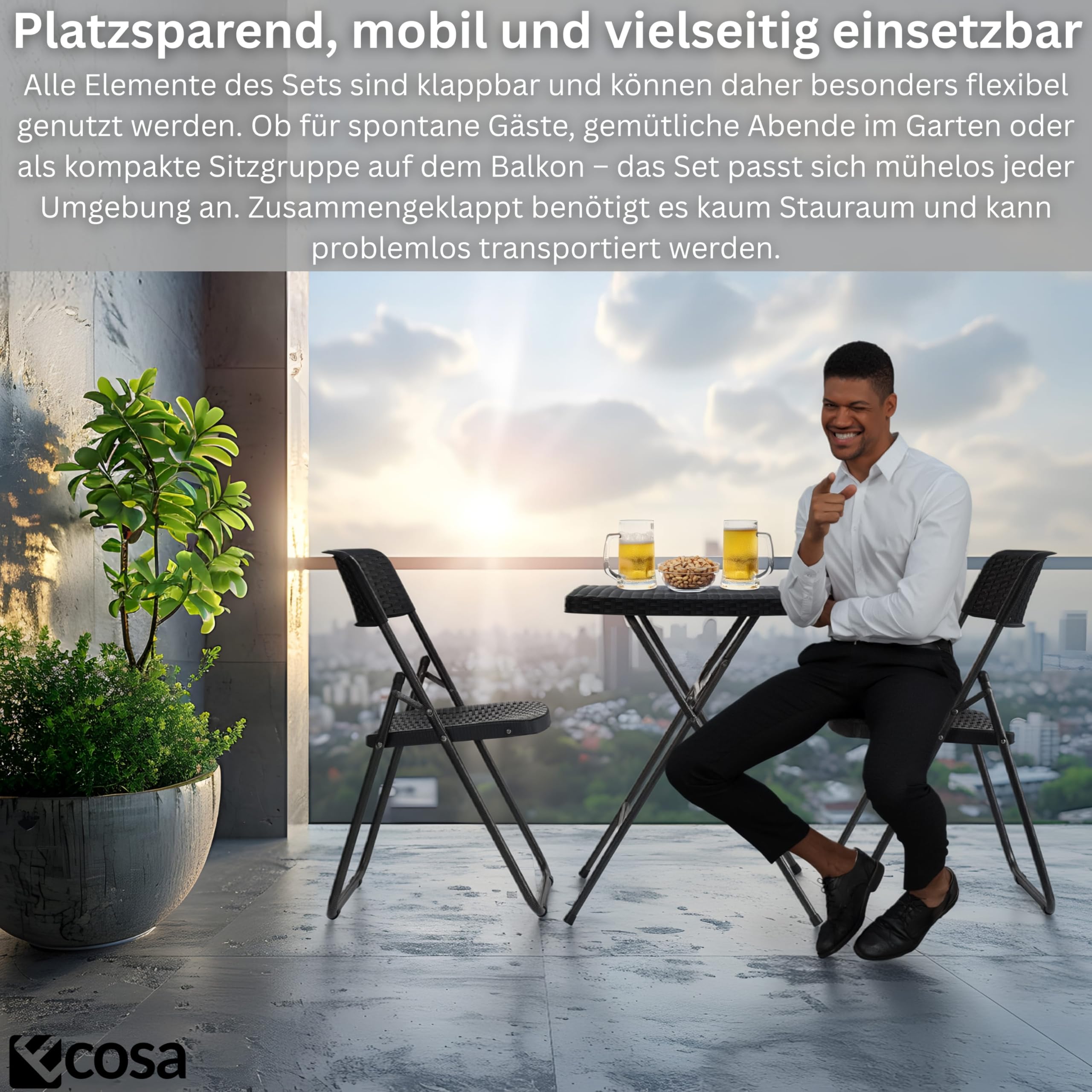 ecosa Zestaw bistro, 3-częściowy, stół balkonowy z 2 krzesłami, stół ogrodowy, składany – zestaw balkonowy składane krzesła – zestaw mebli balkonowych mebli ogrodowych o wyglądzie rattanu z