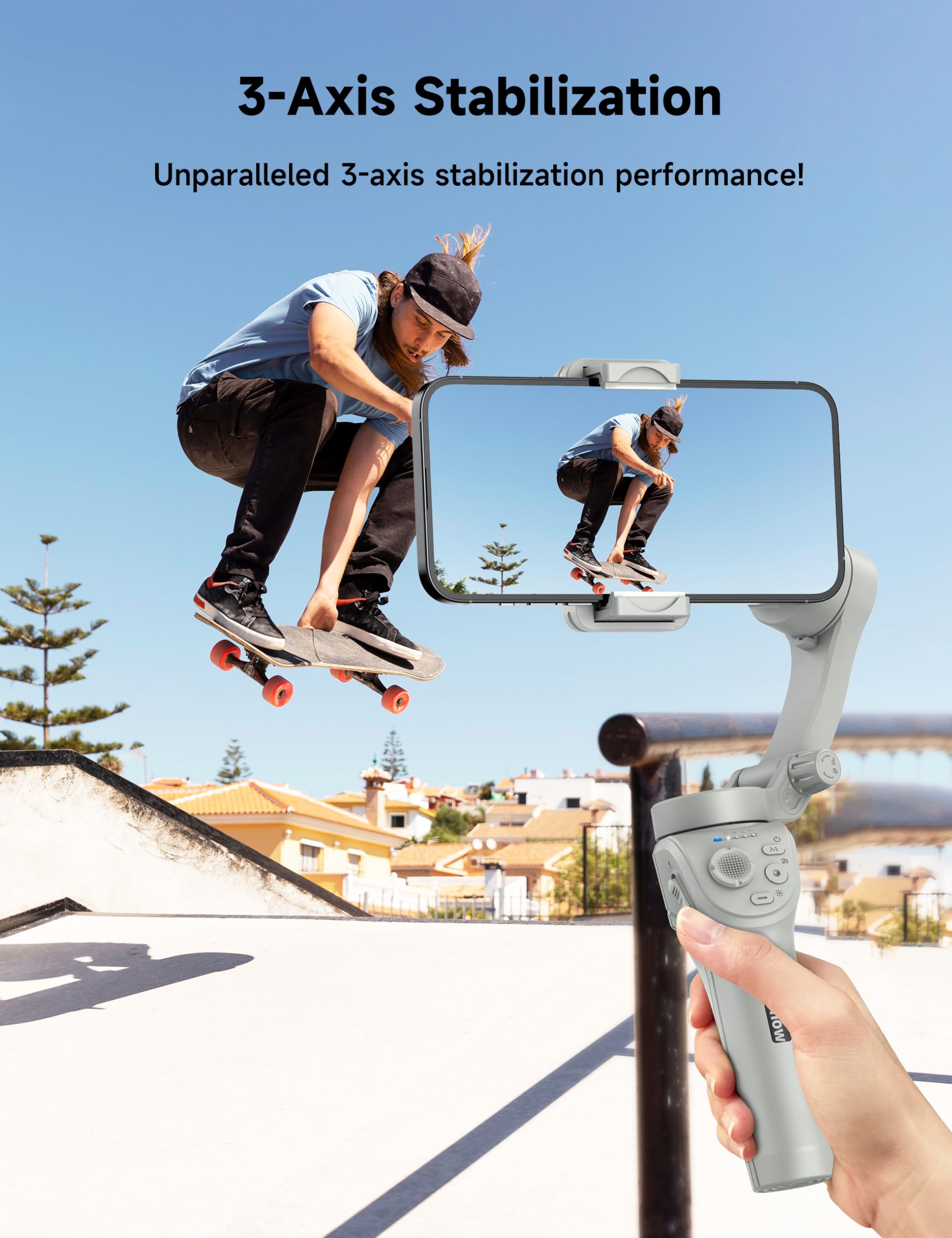 Stabilizzatore cardanico per smartphone, giunto cardanico a 3 assi, gimbal intelligente con tracciamento faccia/oggetti, portatile e pieghevole, stabilizzatore di vlogging per Android e iPhone 15 14
