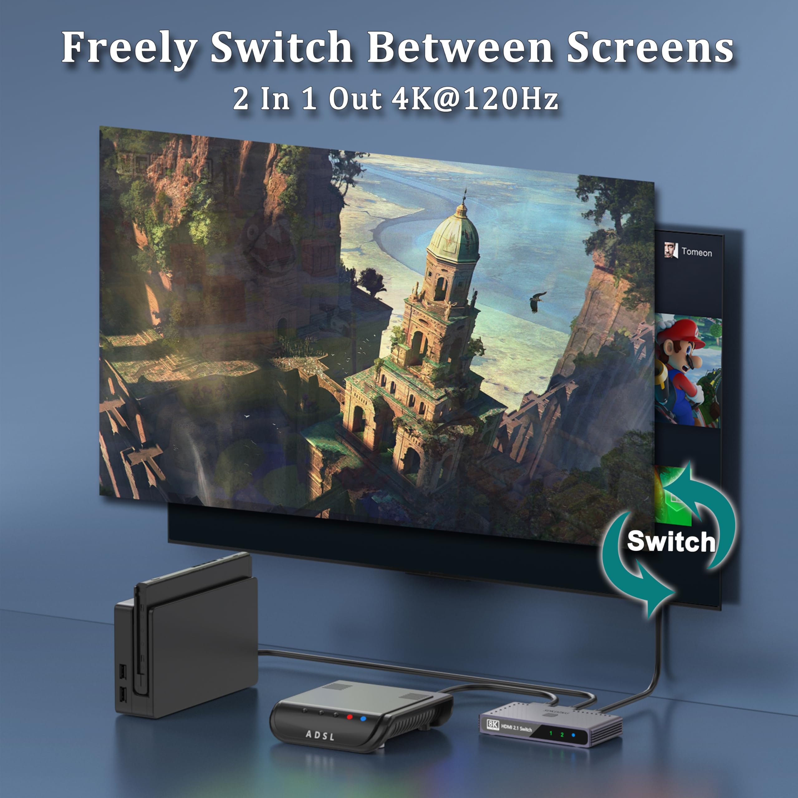 SDKDZKG HDMI Switch 8K@60HZ, HDMI Switcher 2 in 1 Out 4K@120Hz, High Speed 48Gbps Aluminum Splitter, Supports HDR10、3D - Image 3