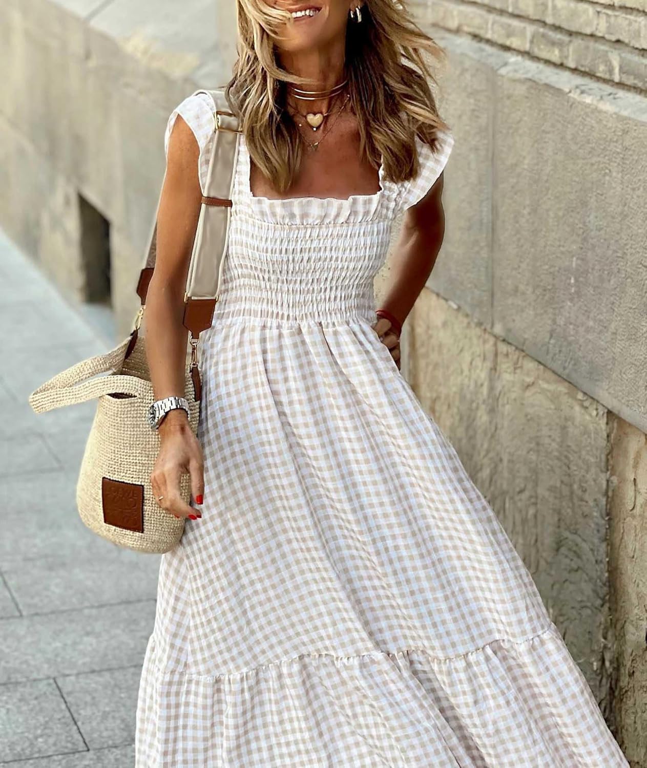 SOMTHRON Women's Square Neck Plaid Smocked Dress Ruffle Sleeveless Tiered Flowy A-Line Checkered Maxi Long Dress - Image 4