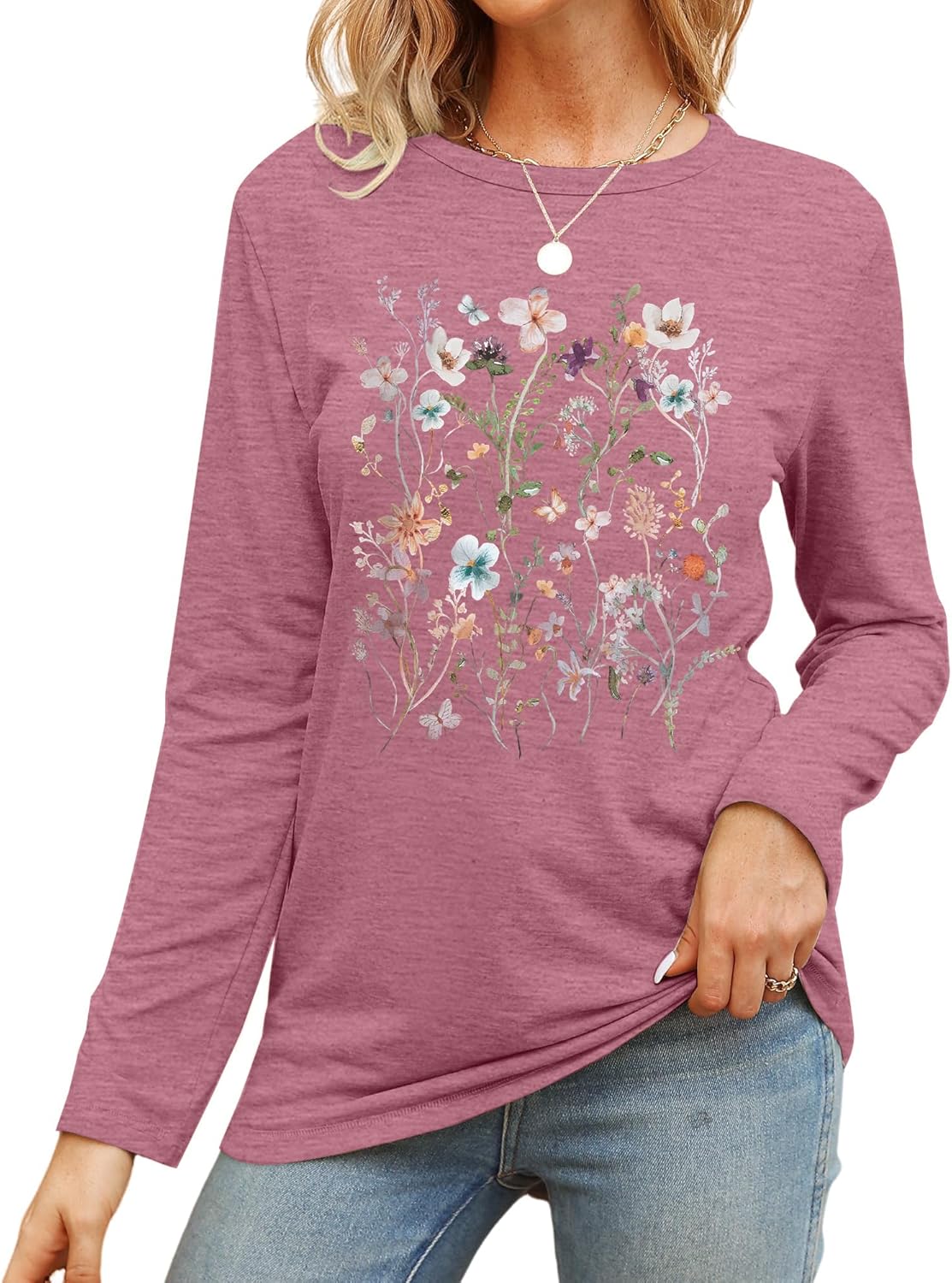 Women Flower Graphic Long Sleeve T Shirt Boho Floral Shirt Vintage Botanical Tee Wildflower Lover Tops - Image 2