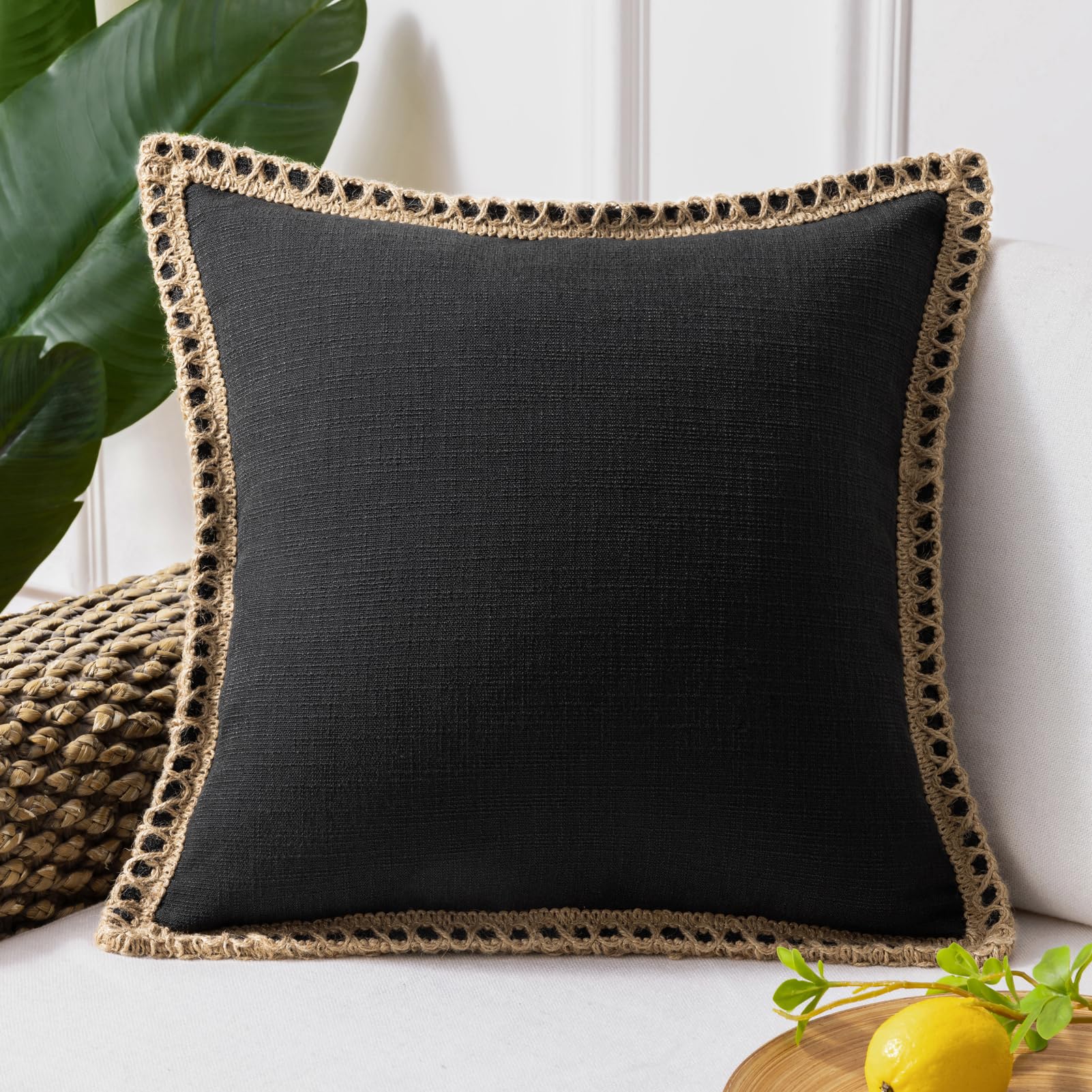 Phantoscope Farmhouse Solid Throw Decorative Pillow Cover Burlap Linen Trimmed Tailored Edges Outdoor Pillow Black 1 Pack 18 x 18 inches, 45 x 45 cm
