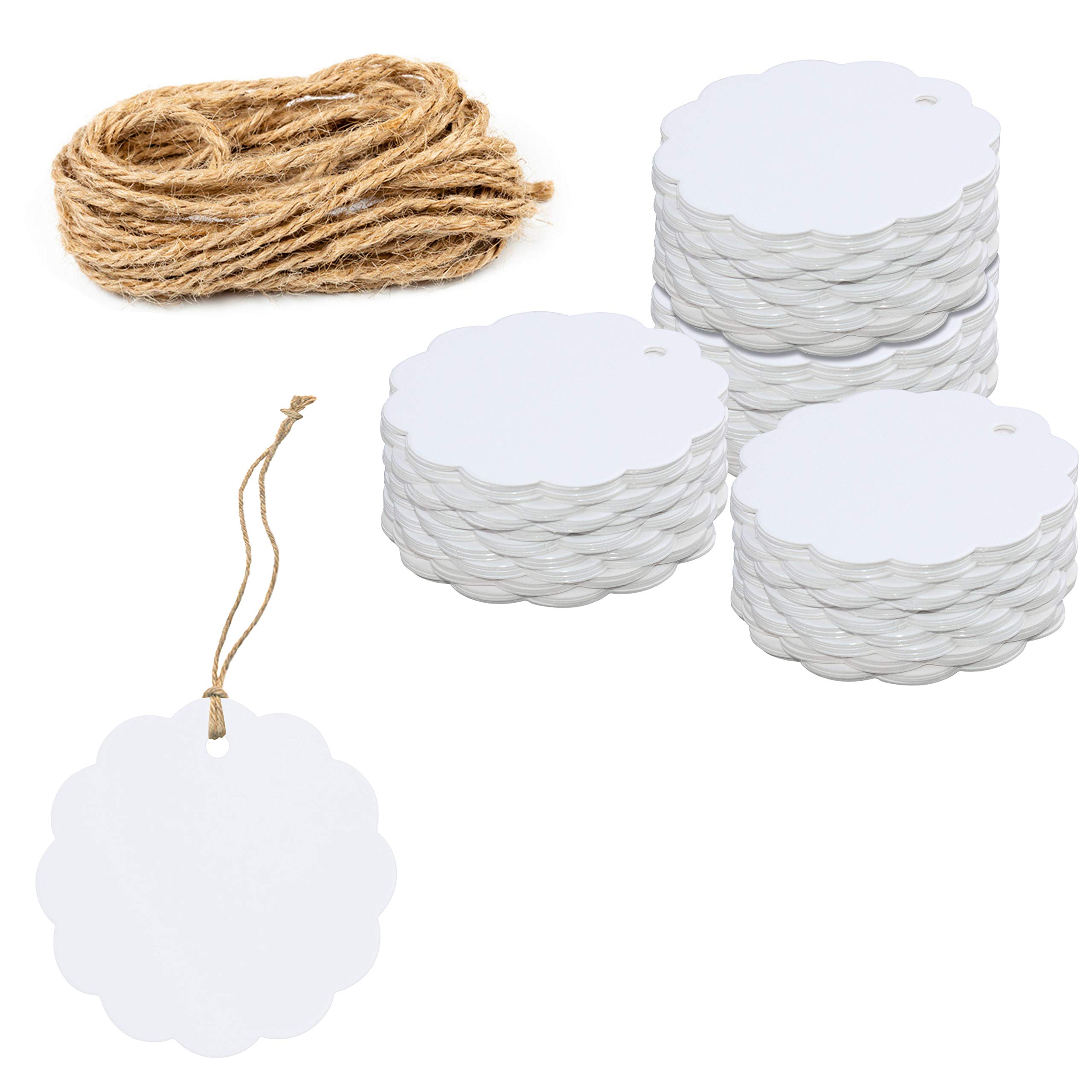 200 PCS White Kraft Scalloped Paper Gift Tags with 100 Feet Natural Jute Twine String for Arts Crafts Packaging (Label Measures 2.4” in Diameter)