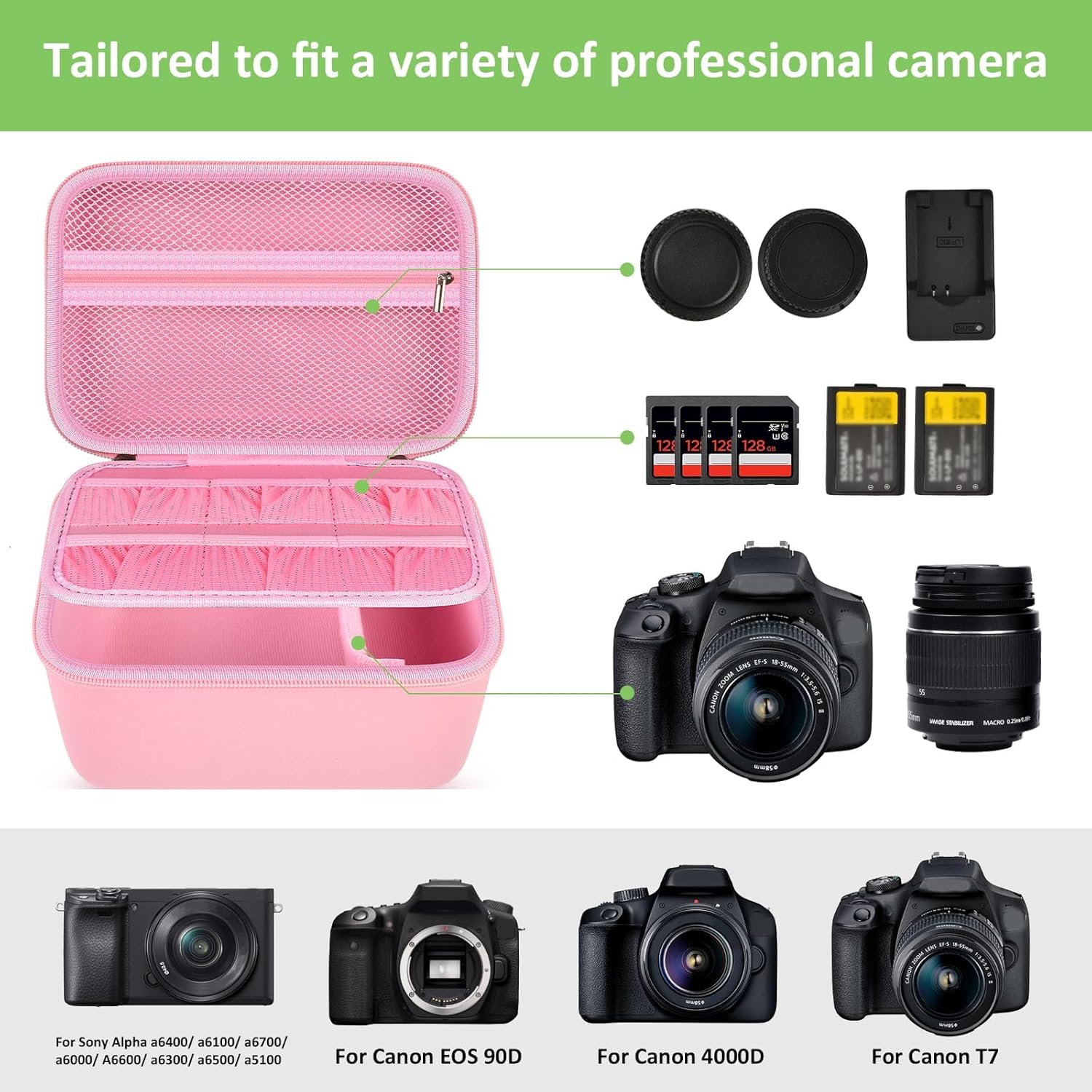 Digital Camera Case Compatible with Canon EOS Rebel T7/ 4000D/ T100 DSLR Cameras, Also for Sony Alpha a6400/ a6100/ a6700/ A6600/ a6300 Mirrorless, Holder for SD Card and More (Pink) - Image 2
