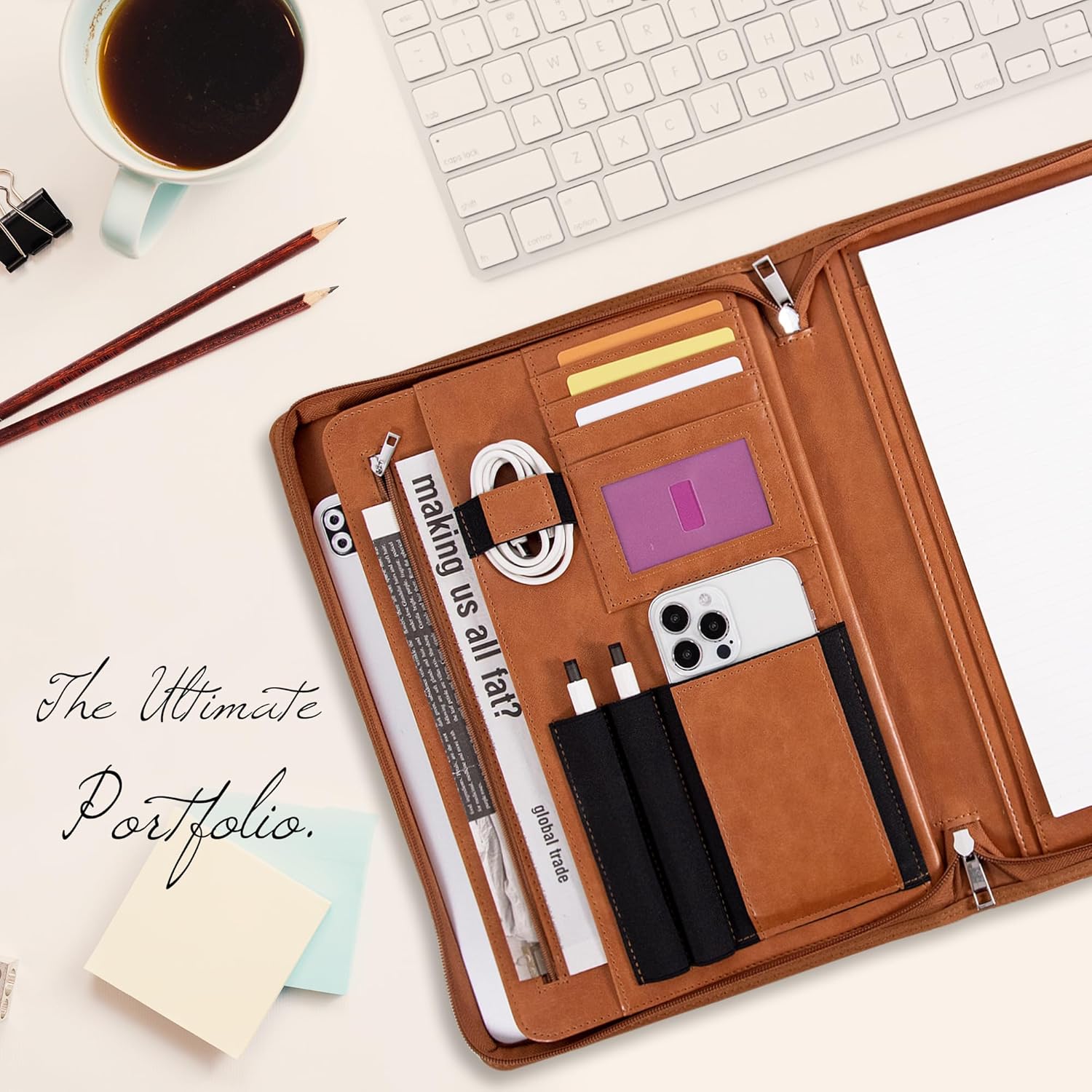 Calfinder Leather Padfolio with Zipper,Portfolio Binder, Padfolio for Women and Men,Business Portfolio for Ipad,Resume,Notebook, Professional Portfolio Organizer, Graduation Gifts - Image 8