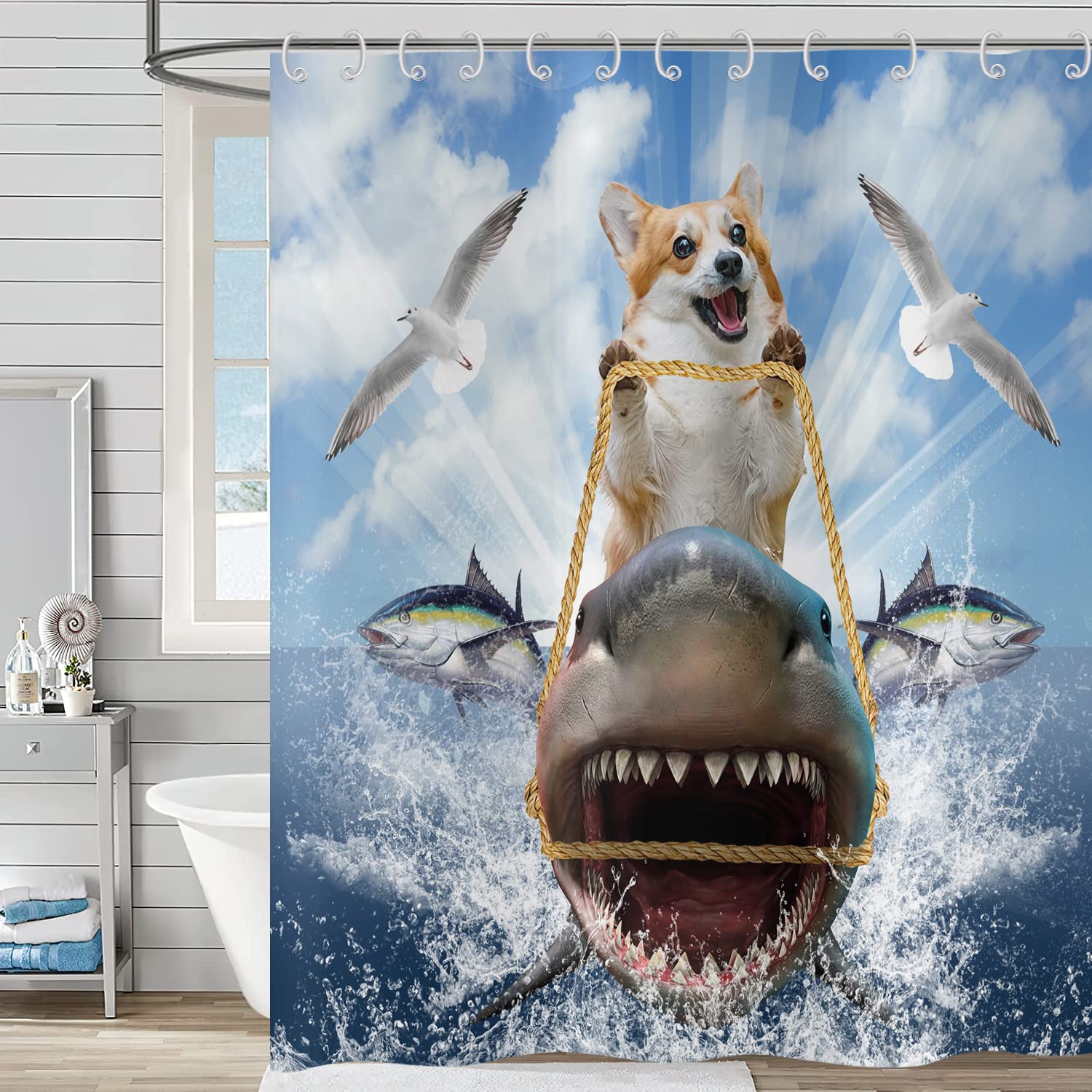Hnmdmyi Funny Shower Curtain 180x220, Cool Dog Riding Shark Shower Curtains Ocean Sea Waves Seagull Fish Blue Cute Kids Boys Bathroom Curtains Waterproof Fabric Washable Bath Curtains with Hooks — image 1