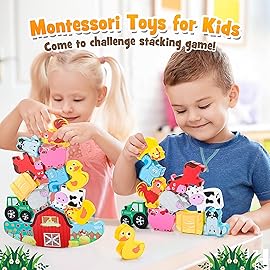 IPOURUP Montessori Toys for Kids 3-7 Wooden Farm Animal Blocks Stacking Games Educational Toy for 3 4 5 6 Year Old Girls Boys Christmas Birthday Gifts for Grandkids Toddler Balance Game Girls Age 3-5