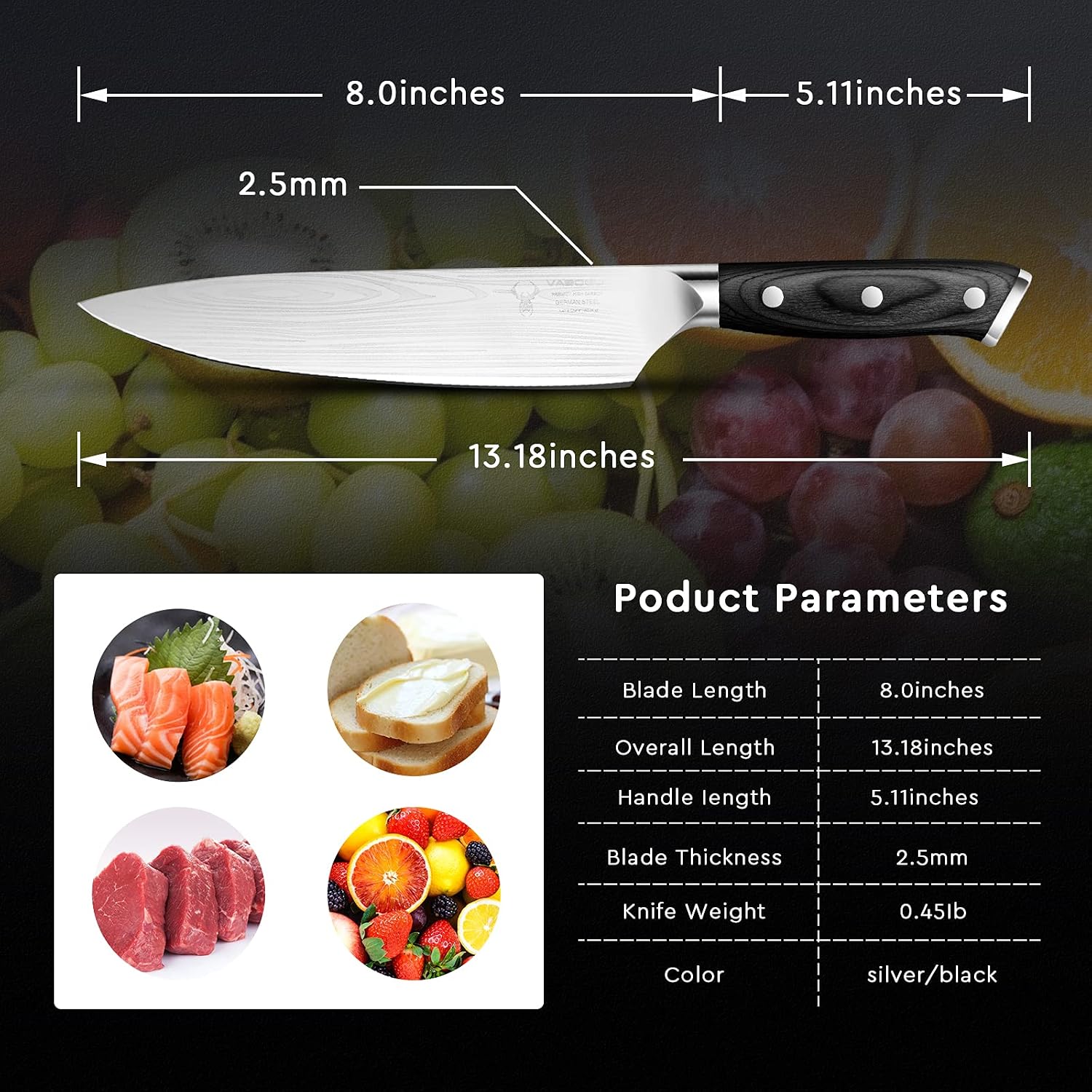 Vabogu Chef Knife 8" Super Sharp Professional Chef Knife, kitchen knife, Meat Knife, Fruit Knife, German High Carbon Stainless Steel EN1.4116 Professional Kitchen Cooking Knife (7 in)