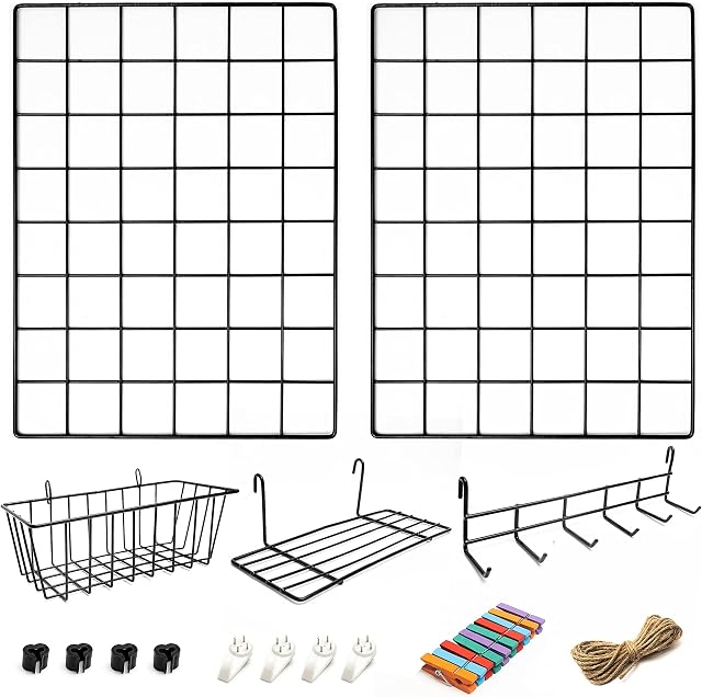 2 Pack Wire Wall Grid Panel With Accessories | Includes Hanging Basket, Shelf & Hook Rack | Complete Set | Wire Notice Board | Hanging Home, Office & Kitchen Décor | Photo Board | Metal & Black