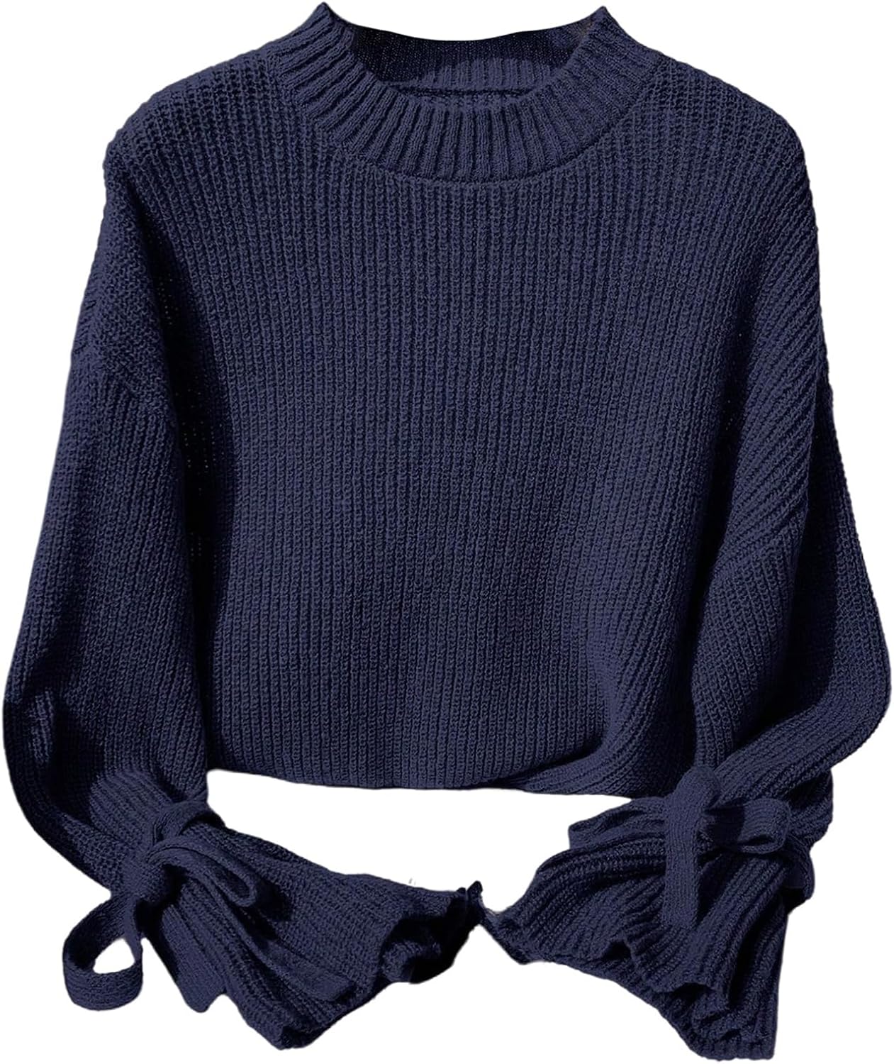 SHENHE Women's Mock Neck Bow Sweater Ribbed Knit Bell Sleeve Solid Color Oversized Sweater Jumper Crop Top