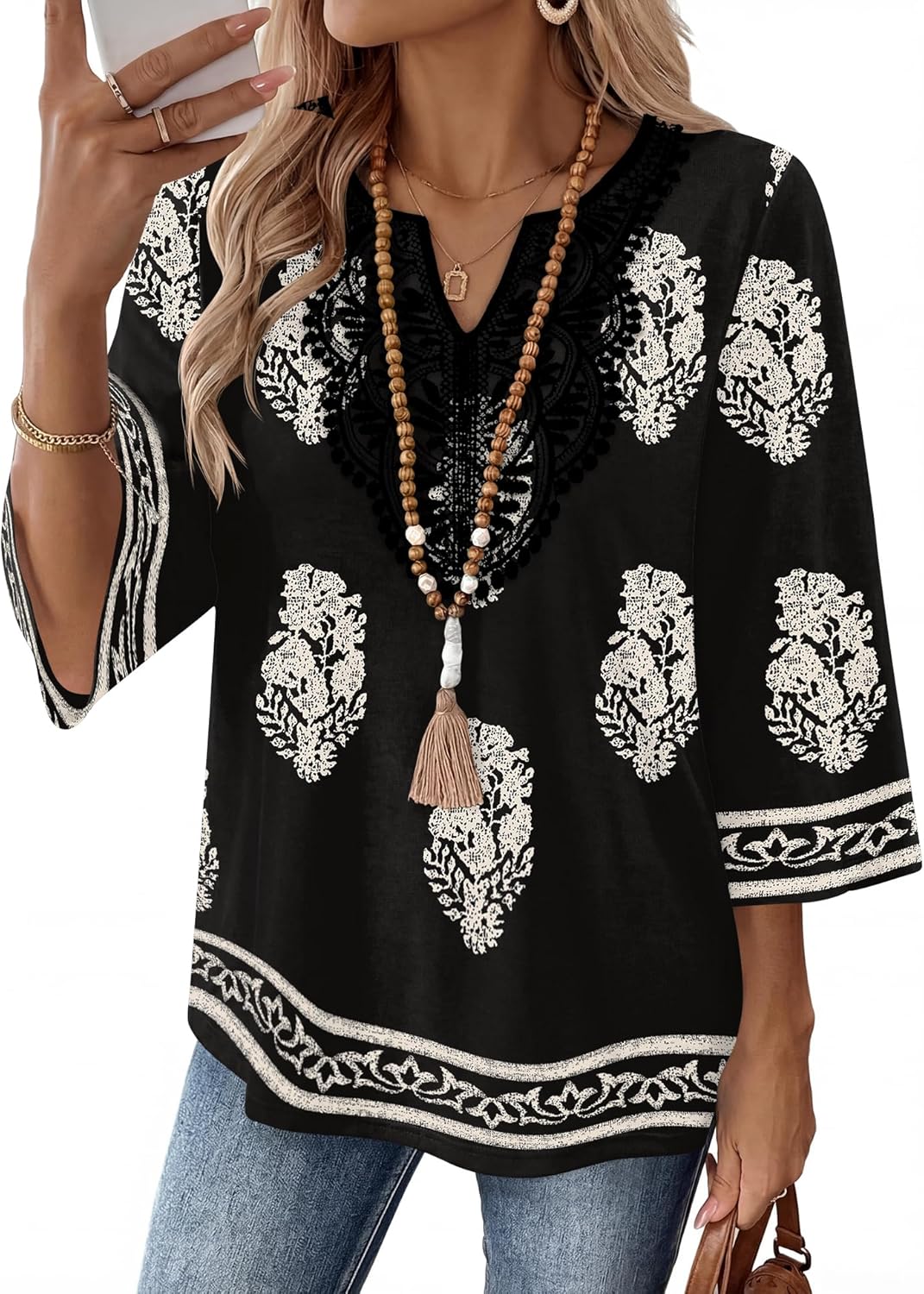 Ivicoer 3/4 Length Sleeve Womens Tops Boho V Neck Lace Shirt Vacation Clothes Trendy Blouses Dressy Casual