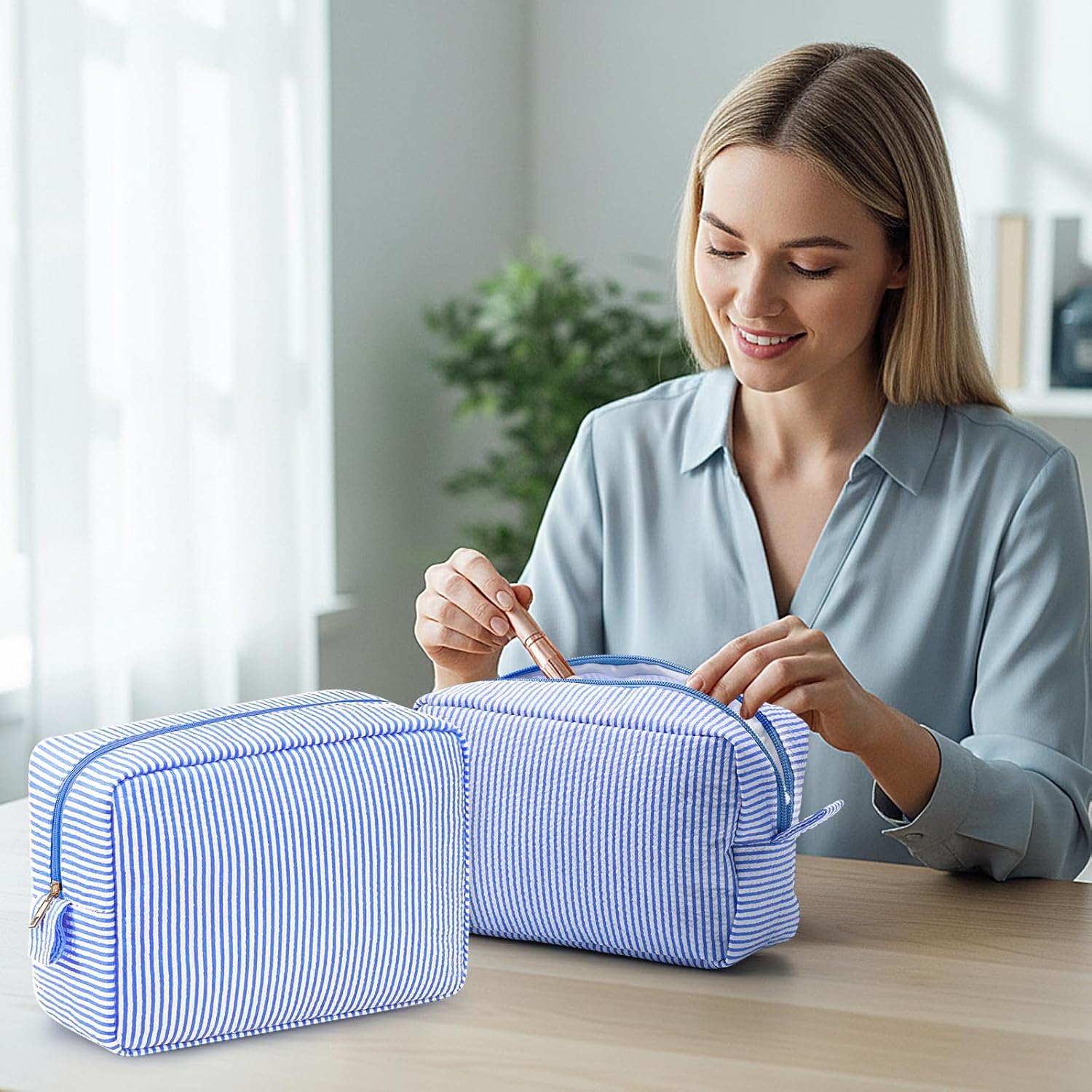 Sanwuta 10 Pcs Seersucker Cosmetic Bag Seersucker Makeup Bag Women Stripe Large Travel Toiletry Organizer Preppy Storage Pouch for Embroidery Wedding Bridesmaid Bride Mom(Sea Blue)
