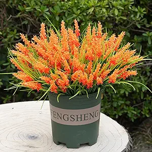 20 Bundles Artificial Plants Outdoor, UV Resistant Fake Flowers, Realistic Faux Lavender Shrubs for Porch Garden Window Box Home Decoration (Orange)