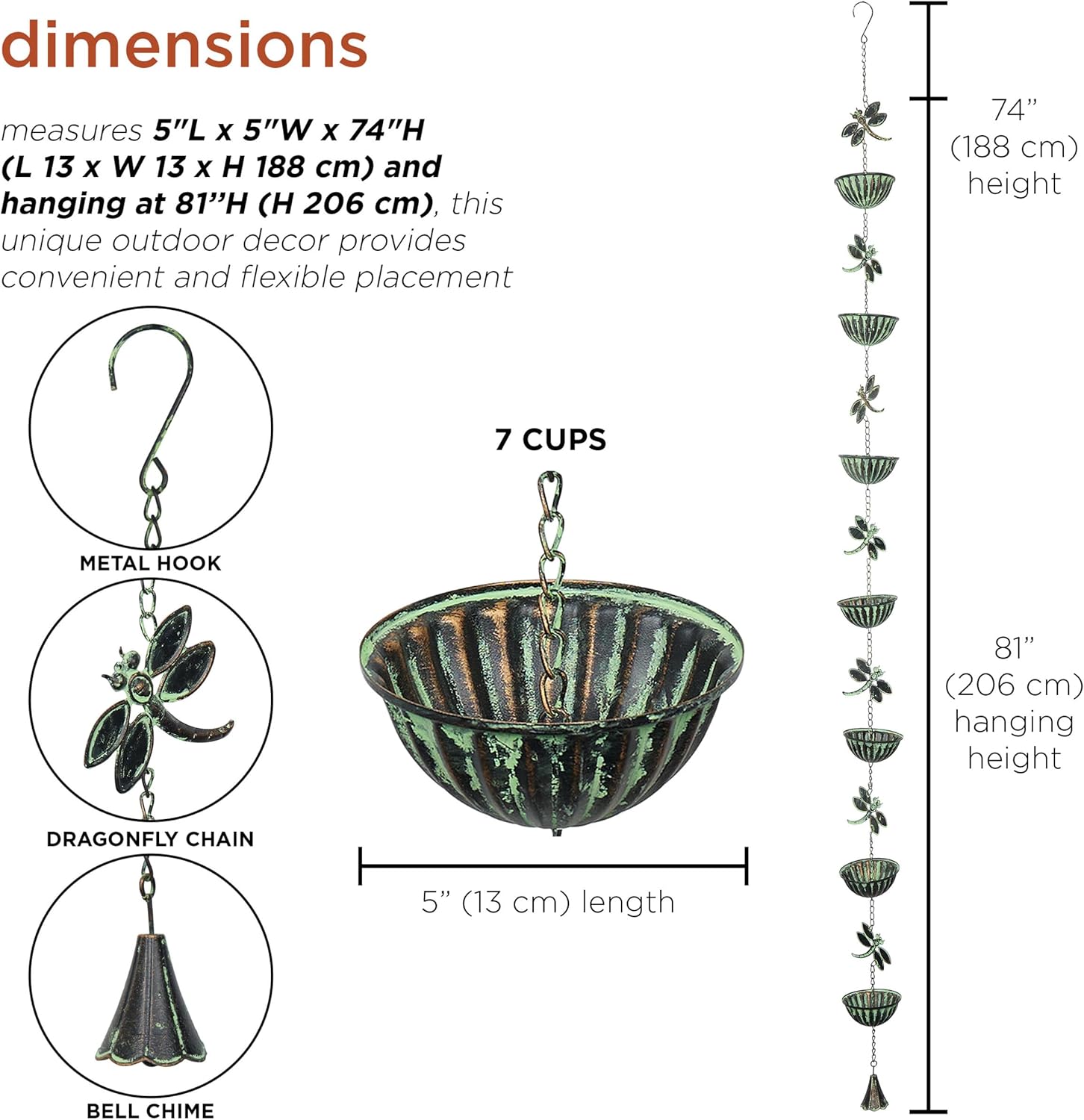 Alpine Corporation QES142HH Metal Hanging Dragonfly Chain Rain Catcher, Stylish Décor for Garden, Patio, & Lawn, 74" H