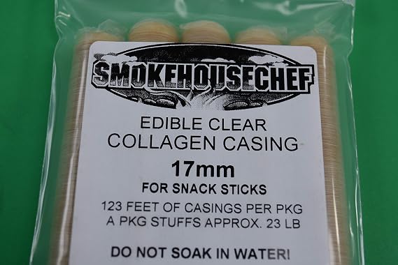 5-pack Clear 17mm Collagen snack sausage casings for 23 lbs of sausage. From Smokehouse Chef. USA Product