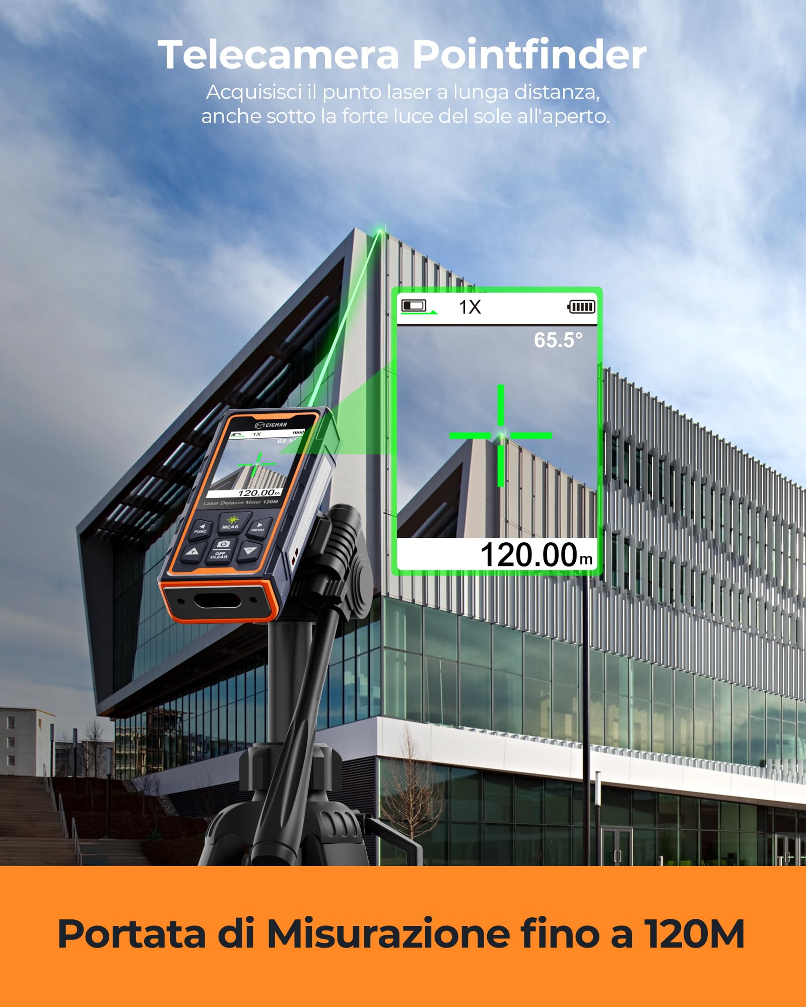 120M Metro laser, CIGMAN telecamera integrata, telemetro laser con fotocamera zoom 4x, schermo LCD, dispositivo di misurazione laser IP65, 16 modalità di misurazione per esterni, (CD-120G)