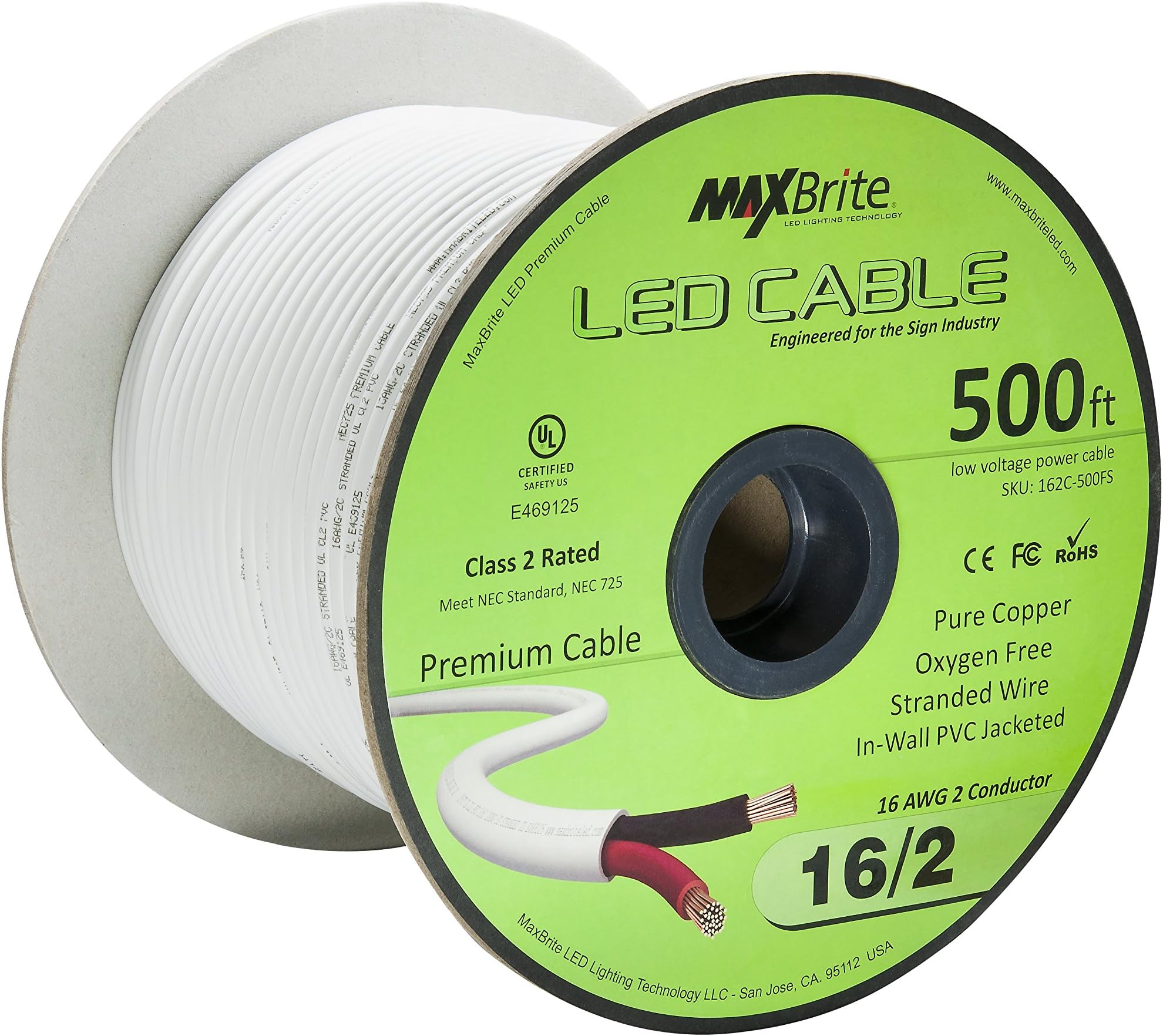 500 ft. 16AWG Low Voltage LED Cable 2 Conductor Jacketed in-Wall Speaker Wire UL Class 2 Certified