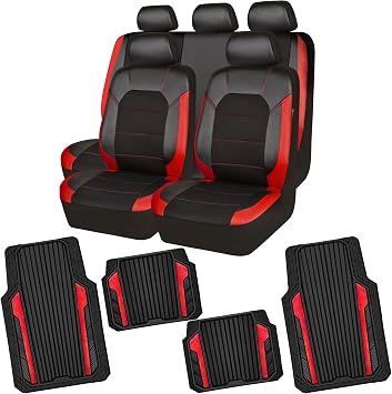 CAR PASS Black Red Heavy Duty Rubber Car Mats Metallic and CAR PASS Universal Air Mesh Leather Car Seat Covers Sport fits Most Cars, SUVs, Trucks, and Vans
