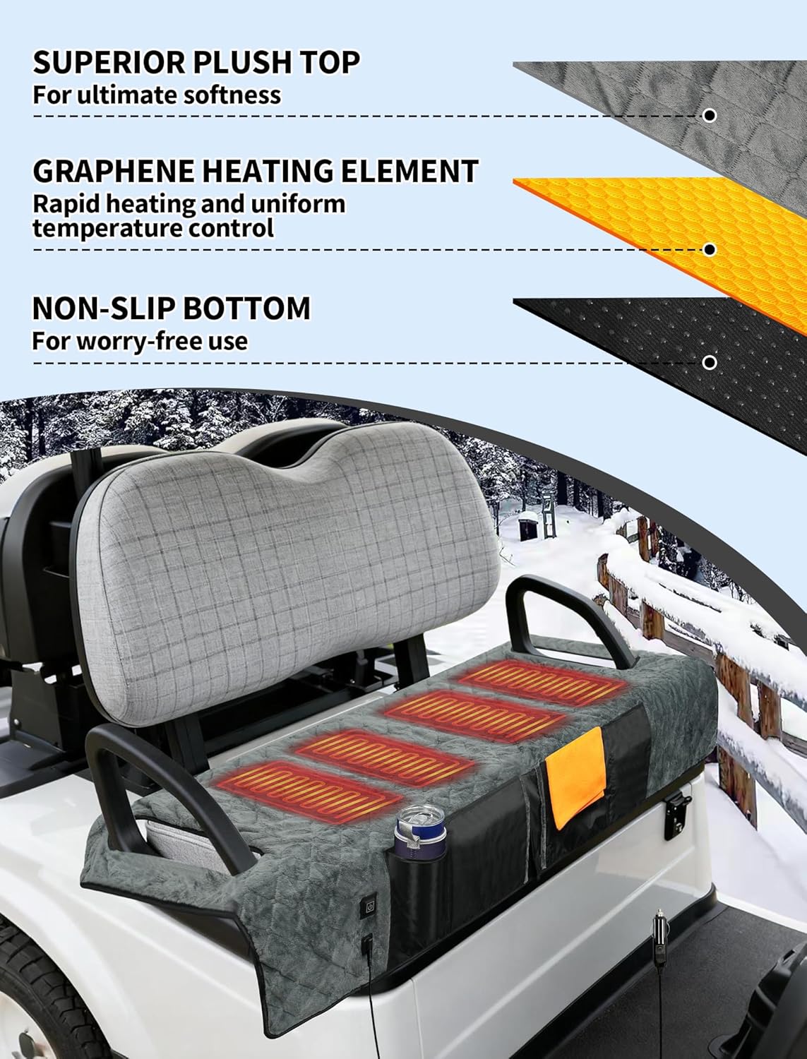 Golf Cart Seat Cover with 12V Car Plug, 50" × 31", Non-Slip Winter Golf Cart Seat Towel Blanket with 2 Front Pockets, Fits for EZGO, Yamaha, Club Car and More 2 Person Seats Golf Carts