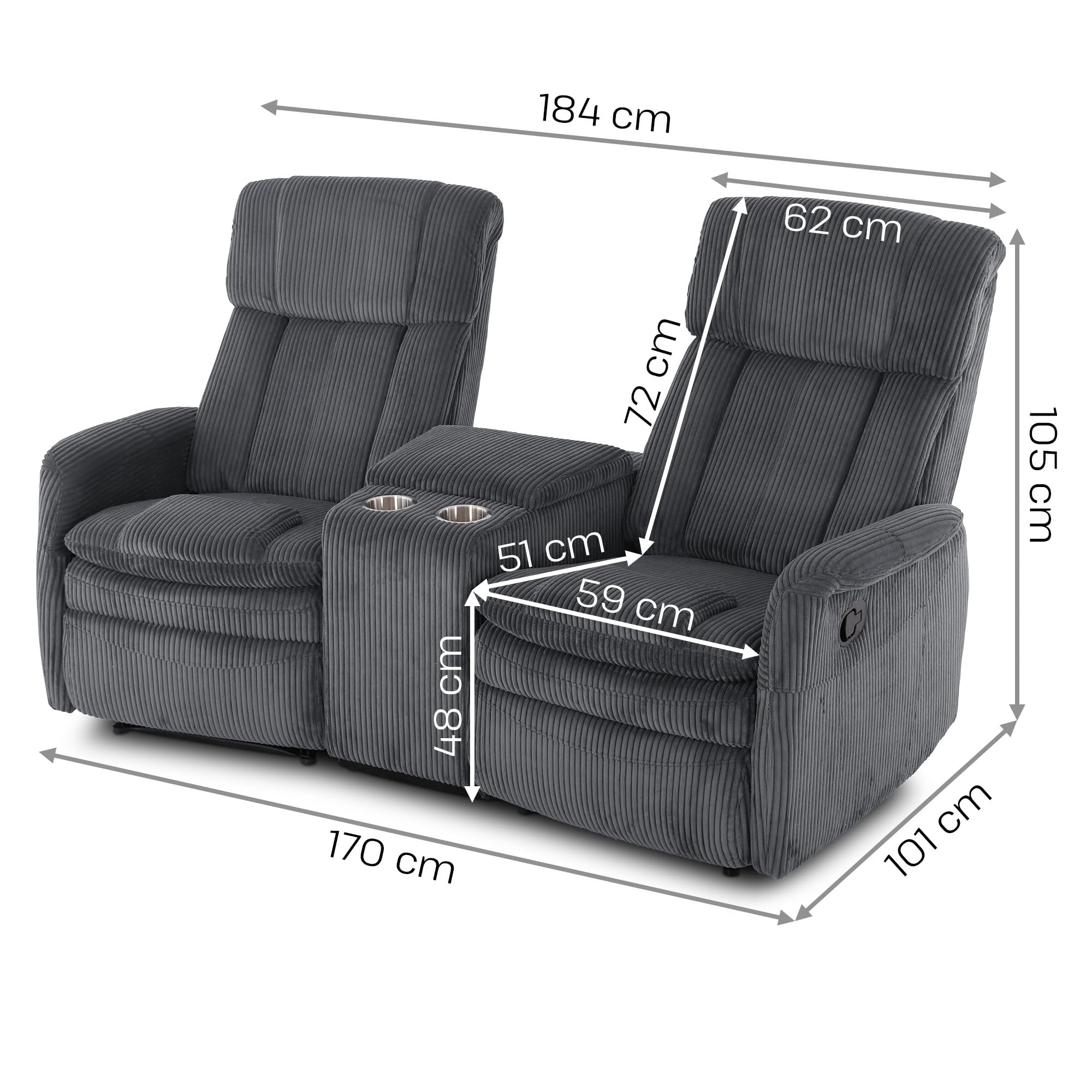 Raburg Kinosessel, 2er-Fernsehsessel mit Relaxfunktion & Liegefunktion, mechanisch, für 2 Personen, Taschenfederkern-Polsterung, Belastbarkeit je Sitzplatz 150 kg, Maxx, Breit-Cord-Mikrofaser|Graphit