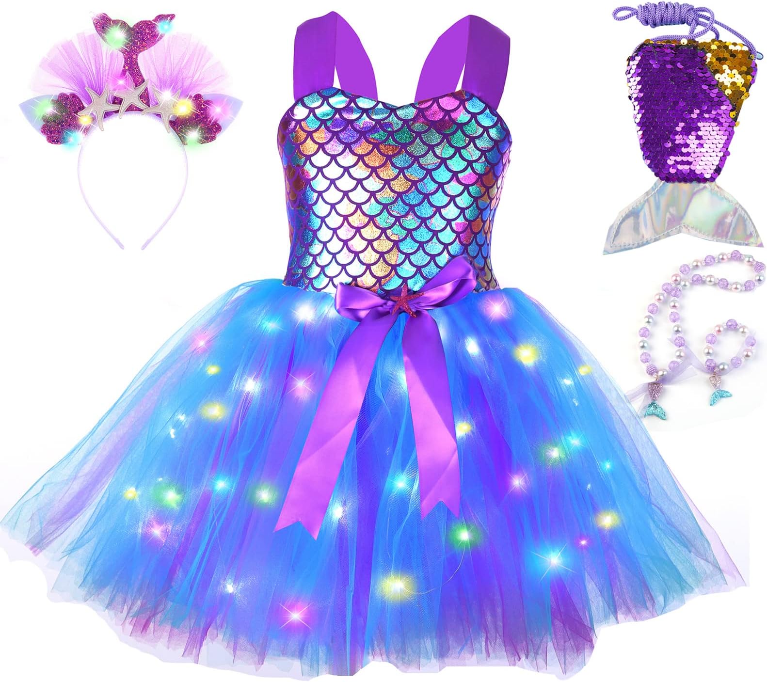 Mermaid Tutu Dress for Girls,Girls Mermaid Costume LED Light Up Princess Tutu Dress with Headband and Bag, Princess Dress Up Sequined Mesh Skirt for Birthday Party, Prom, Gift(3-8 Years)