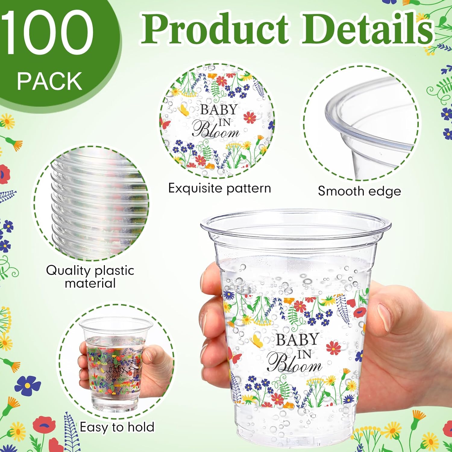 100 Pcs Flower Plastic Cups 12 oz Floral Wildflowers Disposable Clear Drinking Cups Bulk for Summer Spring Wedding Baby Shower Birthday Party Decorations Supplies(Baby in Bloom,Colorful) - Image 3
