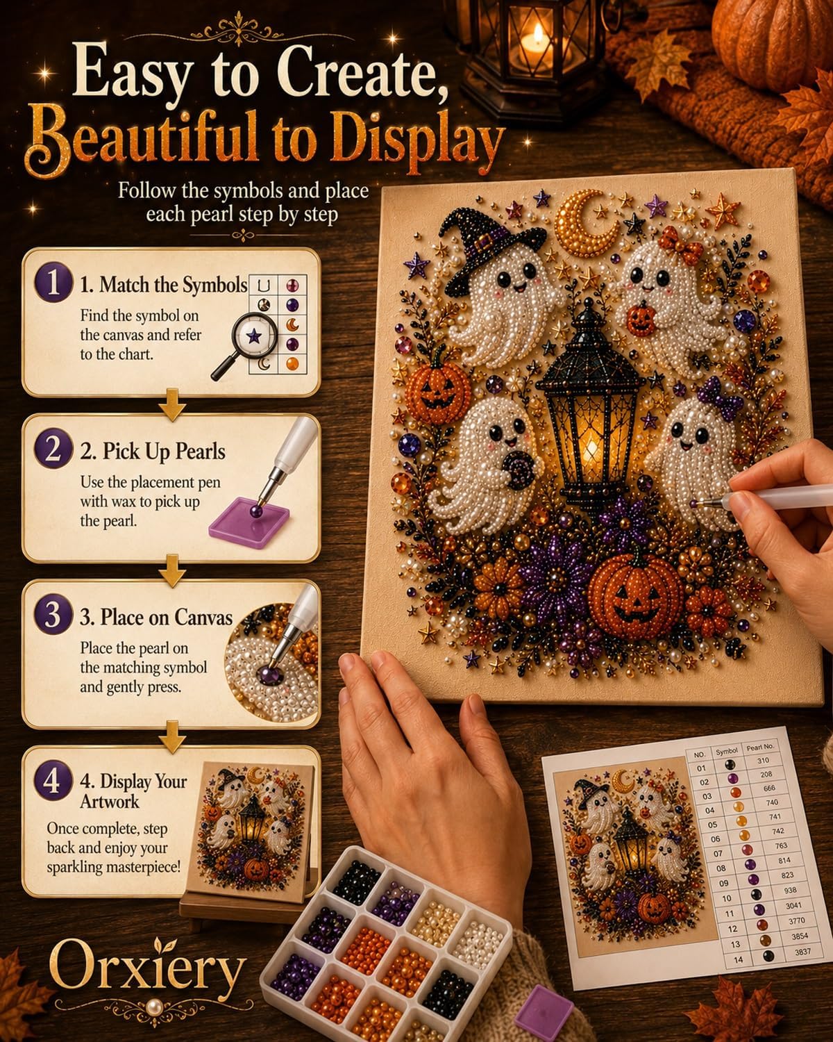 Orxiery Halloween Ghost Pearl Art DIY Kit 3D Pearl Mosaic Craft Kit with Cute Ghosts Pumpkins Lantern and Crescent Moon Beginner Friendly Craft for Adults Teens Fall Home Wall Decor Gift image 4