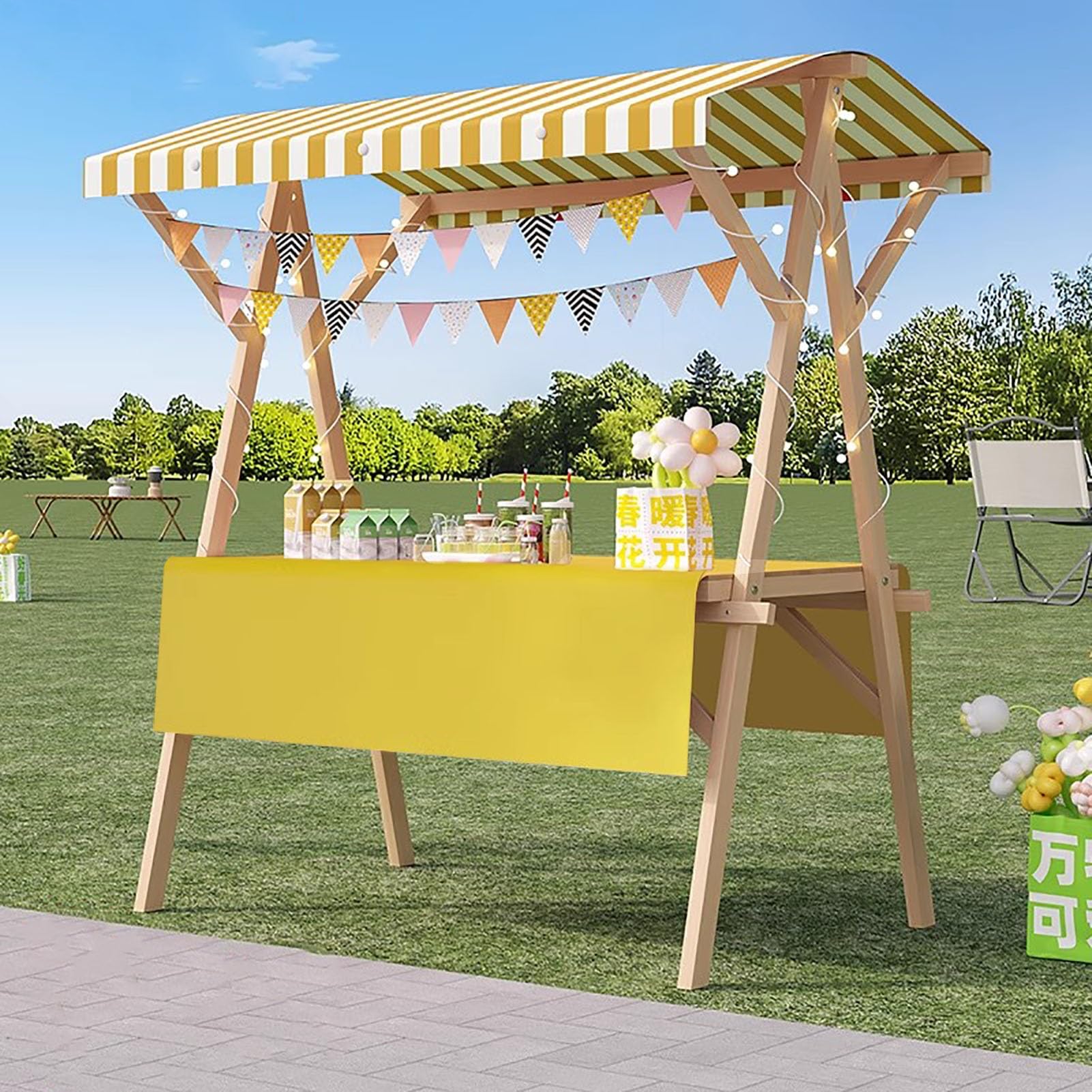 Carrito de comida callejera en madera con estante plegable para eventos al aire libre