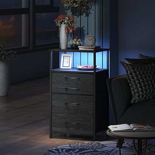 Miniatura 4 de Simoretus Mesita de noche con estación de carga con luz LED y 4 cajones, moderna mesita de noche con estante de almacenamiento para sala de estar,