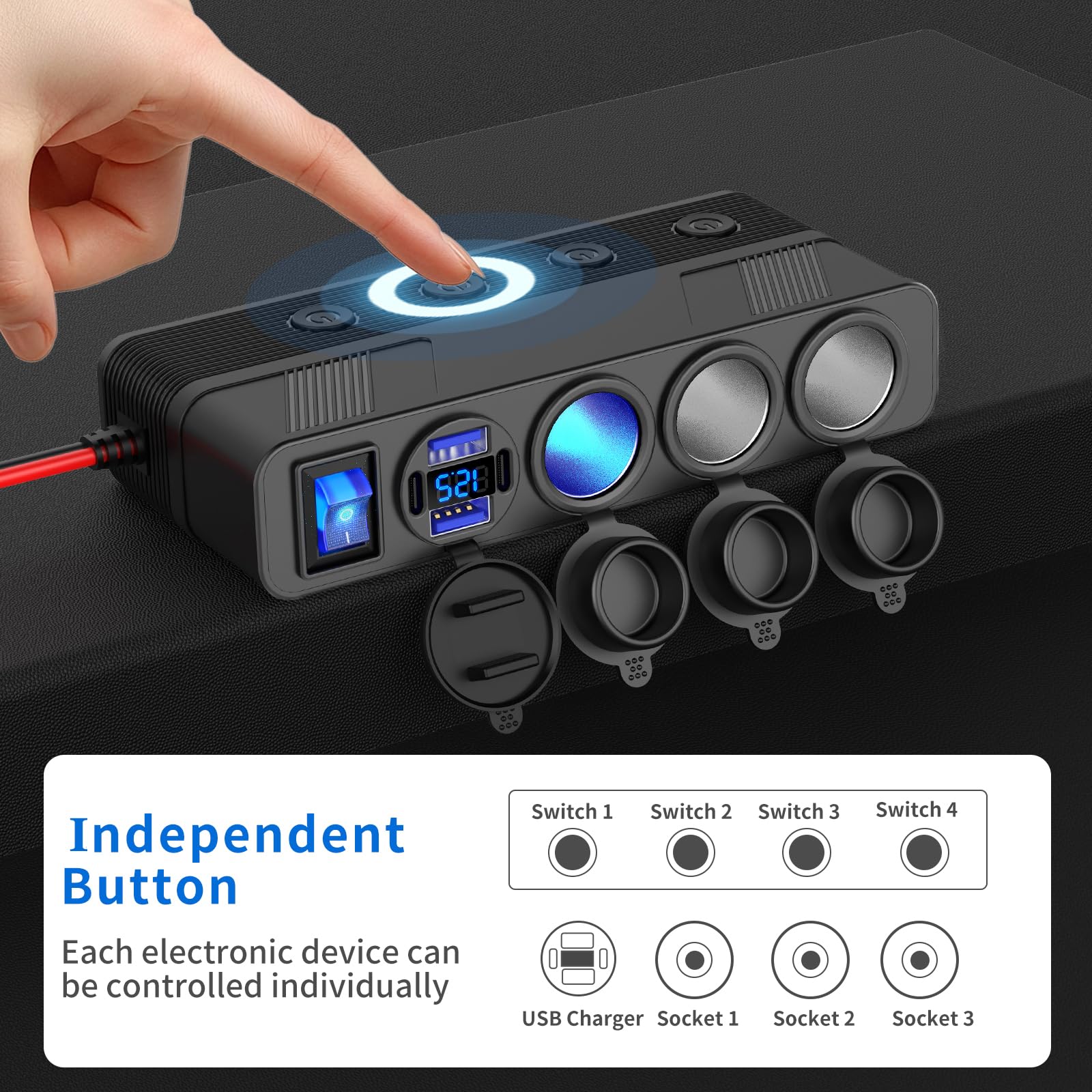 Splitter per presa caricatore auto 12V 24V con cavo 10FT/3M, 3 prese accendisigari Adattatore multiplo a 4 porte con display LED principale e interruttore indipendente, per camion camper auto dash cam