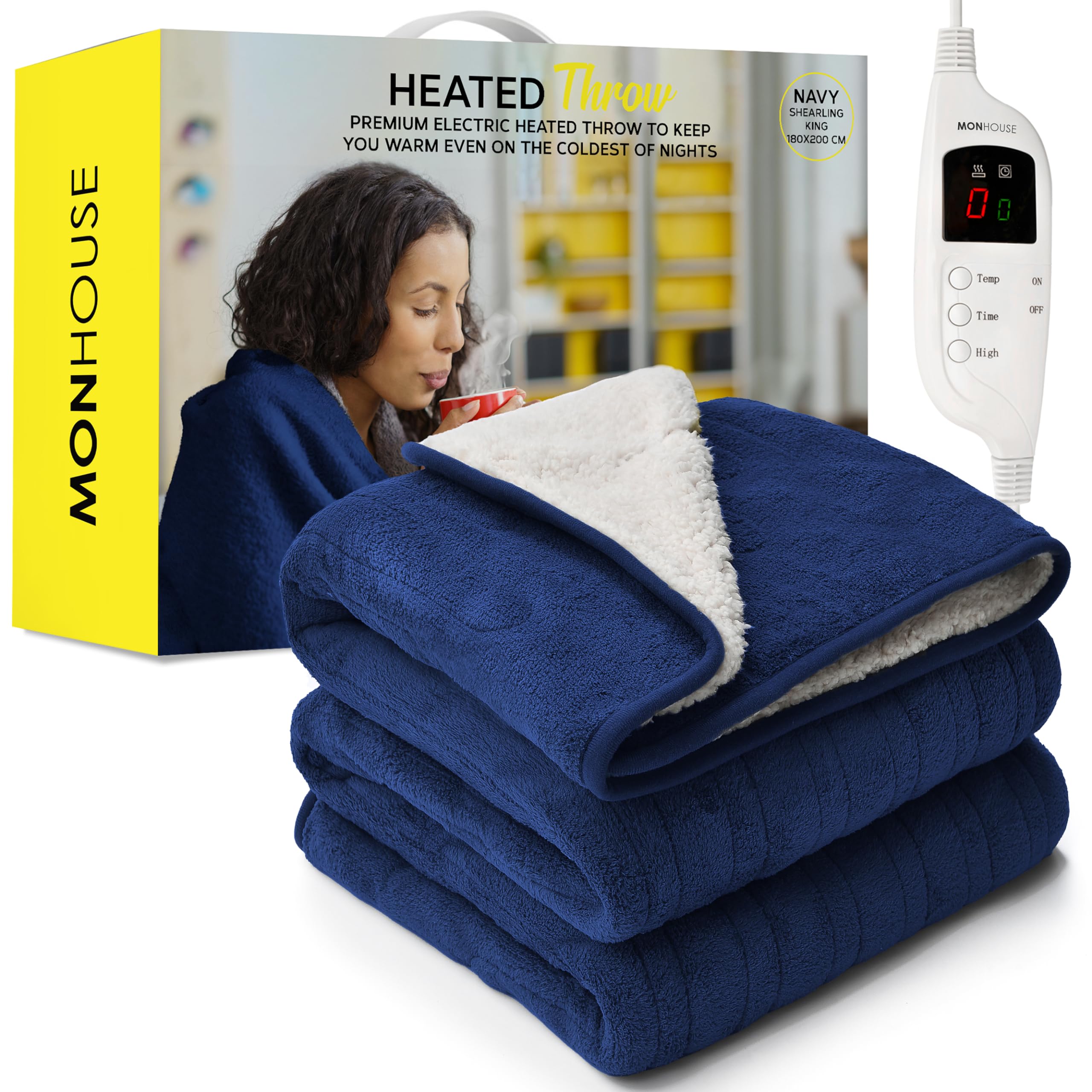 Monhouse Blue 180X200 Cm Soft Electric Blanket King Size - Heated Throw With Digital Controller - Machine Washable Bed Throw, Timer Up To 9 Hours, 9 Heat Settings, Auto Shutoff - Navy Sherpa Fleece