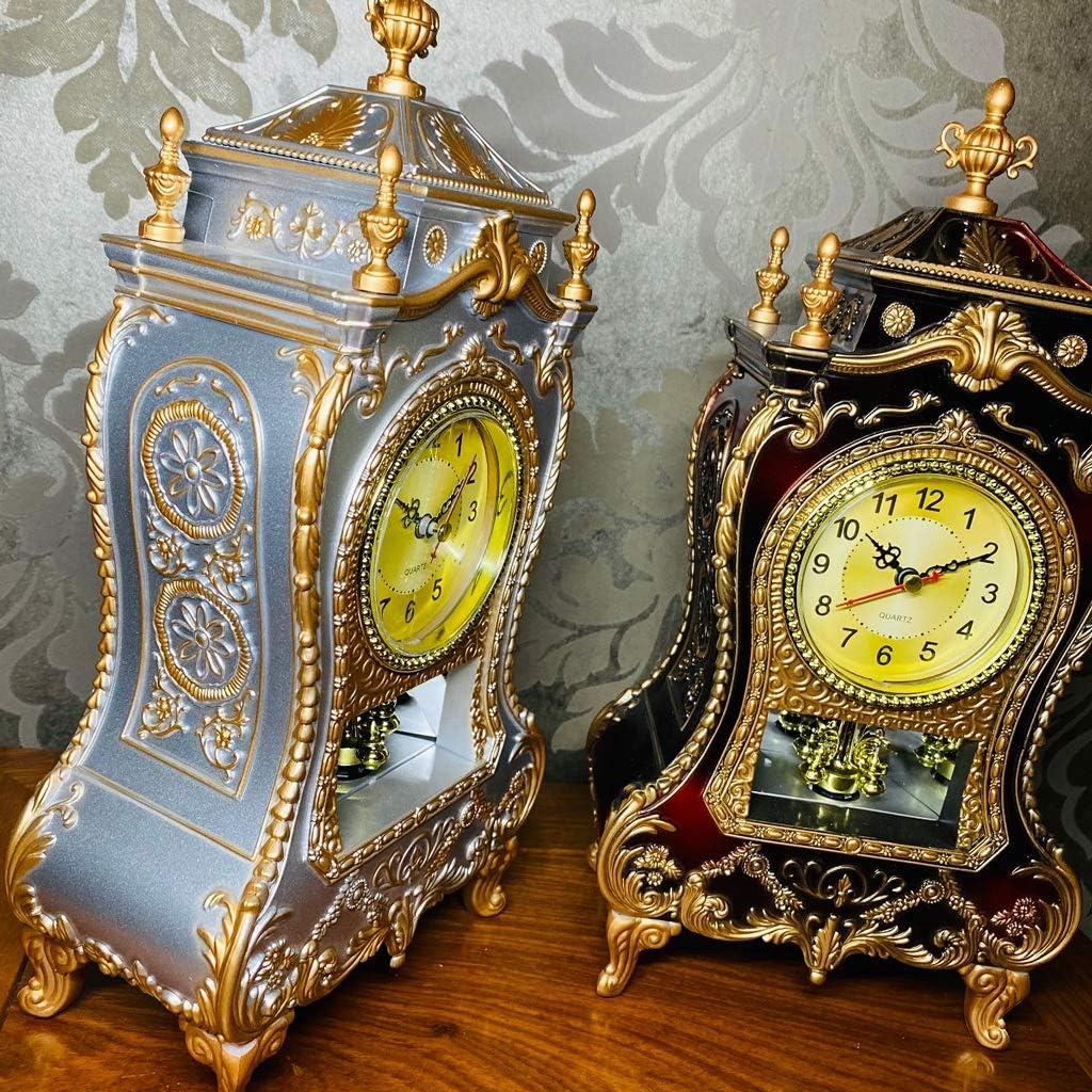 Desk Retro Alarm Clock Vintage Clock Classical Royalty Sitting Room TV Cabinet European Creative Sit Pendulum Clocks(White-Patch Five-Pointed star4)