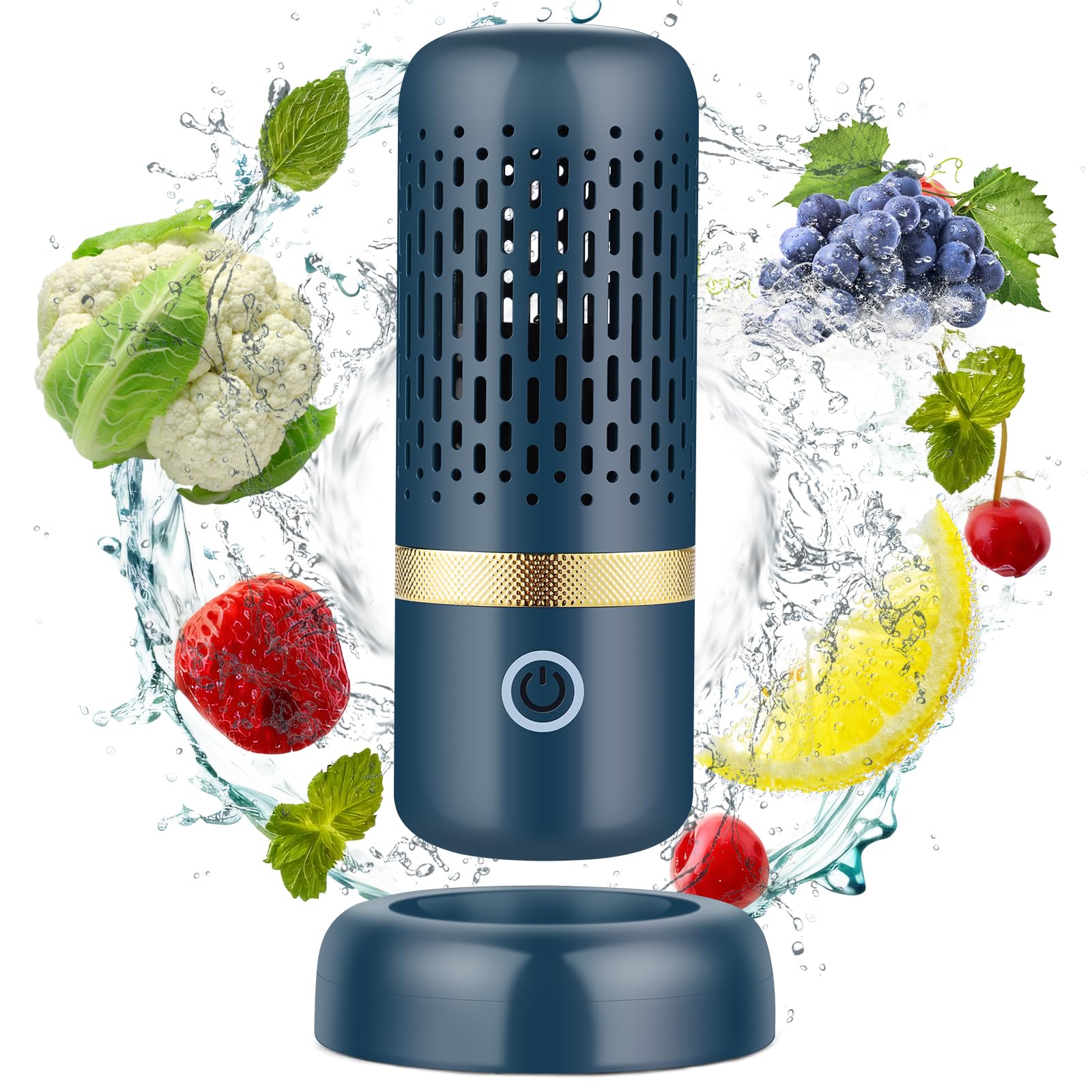 Cudinham Lavadora purificadora de frutas y verduras, máquina de desinfección en forma de cápsula, tecnología de purificación de iones OH para limpiar frutas y verduras, arroz, carne (océano azul)