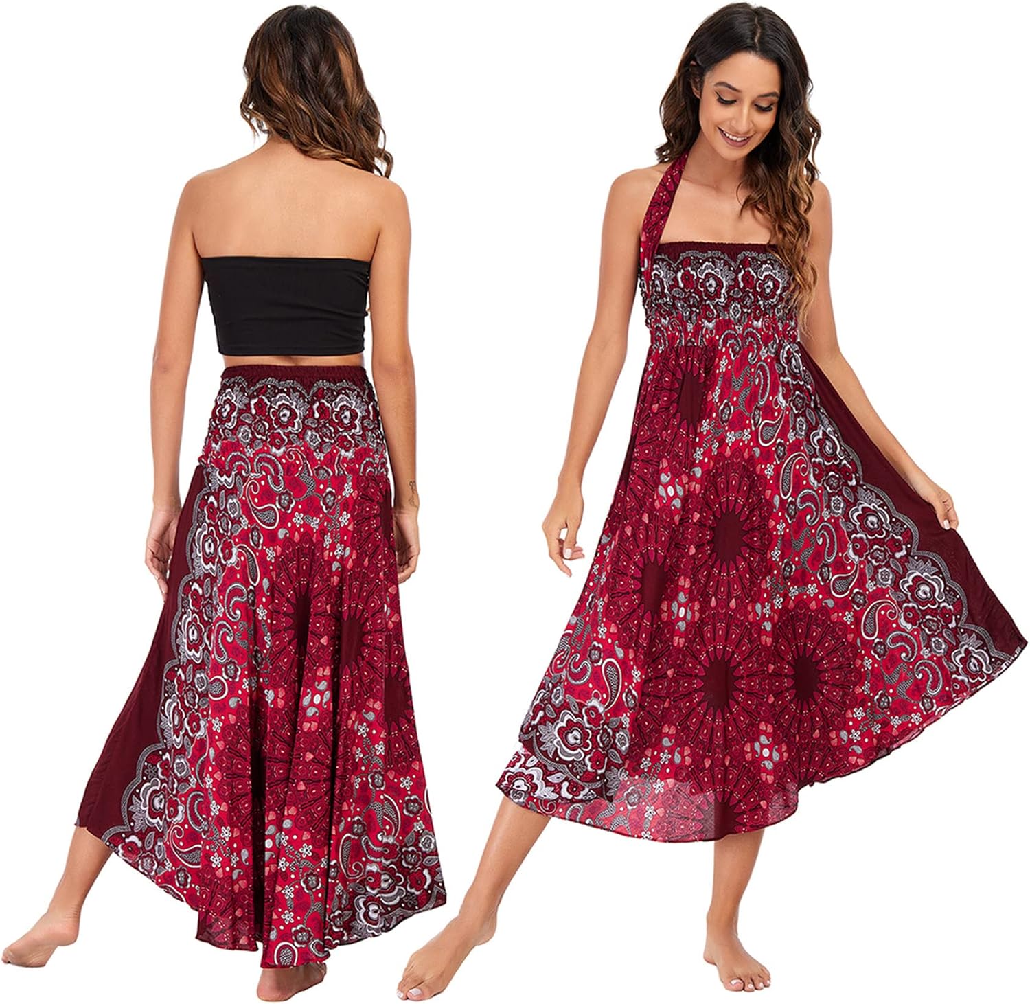 PNKJ Women Bohemian Mandala Floral Print Rayon Hippie Maxi Skirt Boho Summer Beach Dress Fits S M L - Image 3