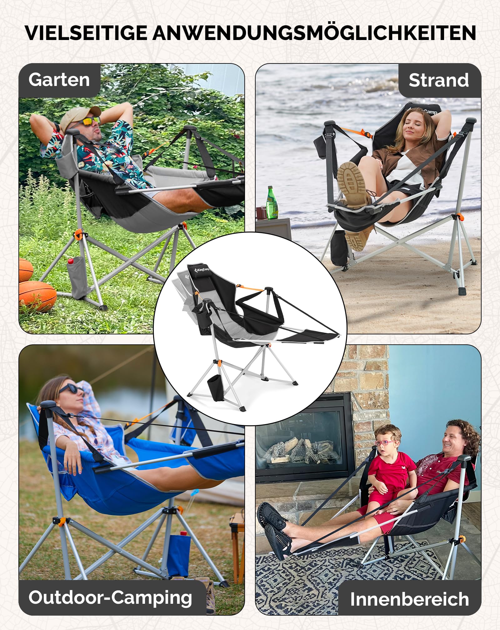 KingCamp Camping Schaukelstuhl mit Fußstütze Campingstuhl Faltbar Schwarz | 90-130° verstellbare Rückenlehne Schaukelfunktion, bis 180kg Kopfstütze Aluminiumgestell Getränkehalter für Camping & Garten