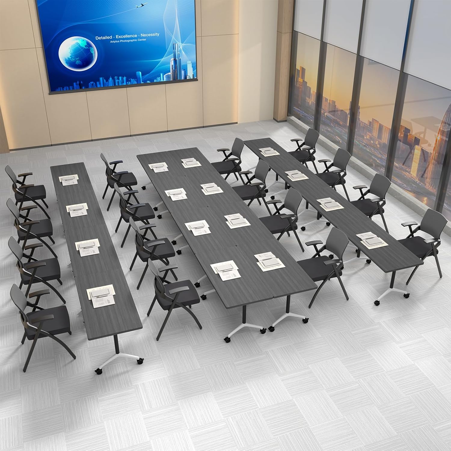 Folding Conference Table, Flip-Top Mobile Training Conferences Table with Wheels, Rolling Conference Room Tables for Office Classroom Meeting Rooms Business(Grey 8P 55.1in)