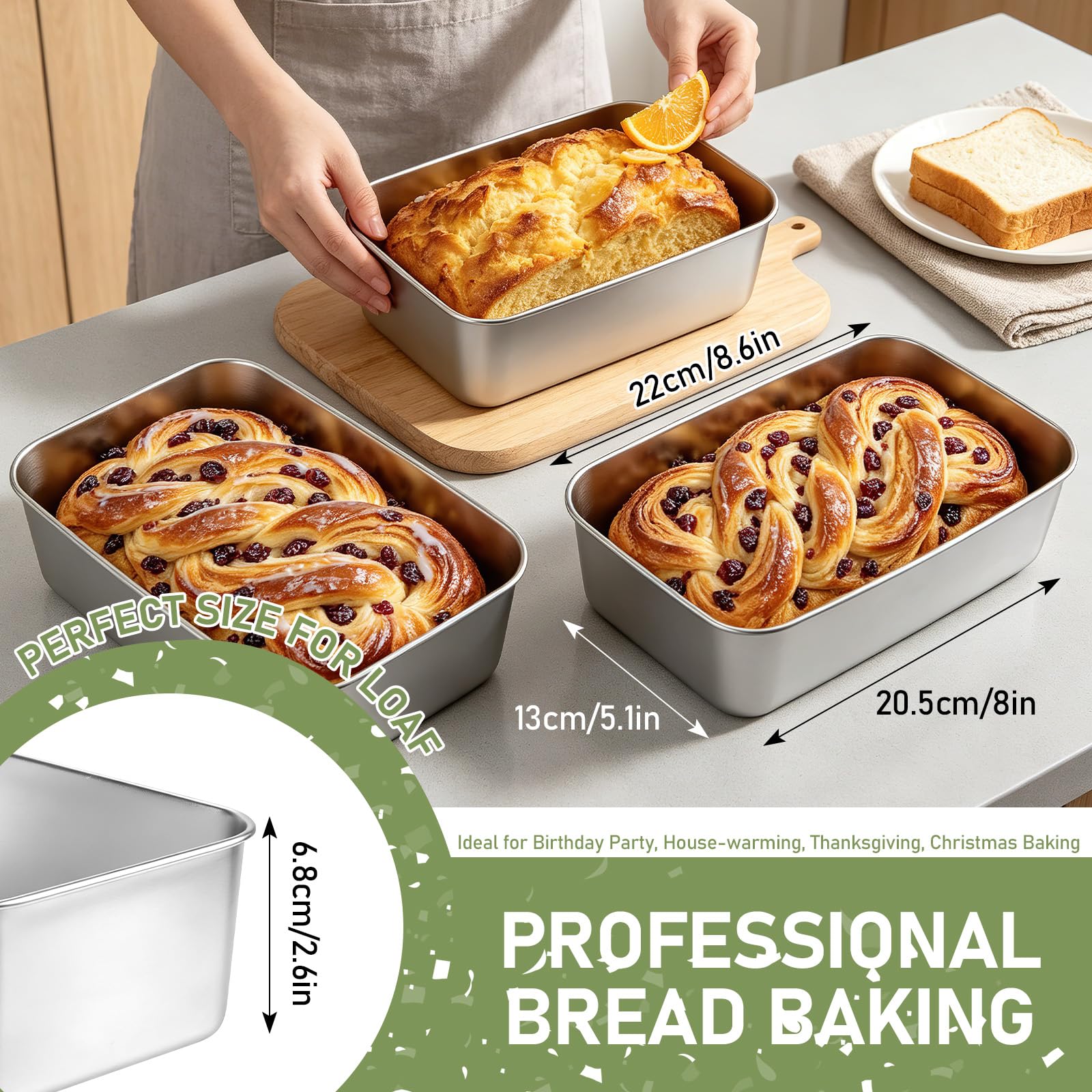 MSYU Set di 8 teglie per pane da 22 x 15 cm, in acciaio inox, per pane tostato e polpettone, lasagne, sane e atossiche, sicure in forno e facili da pulire