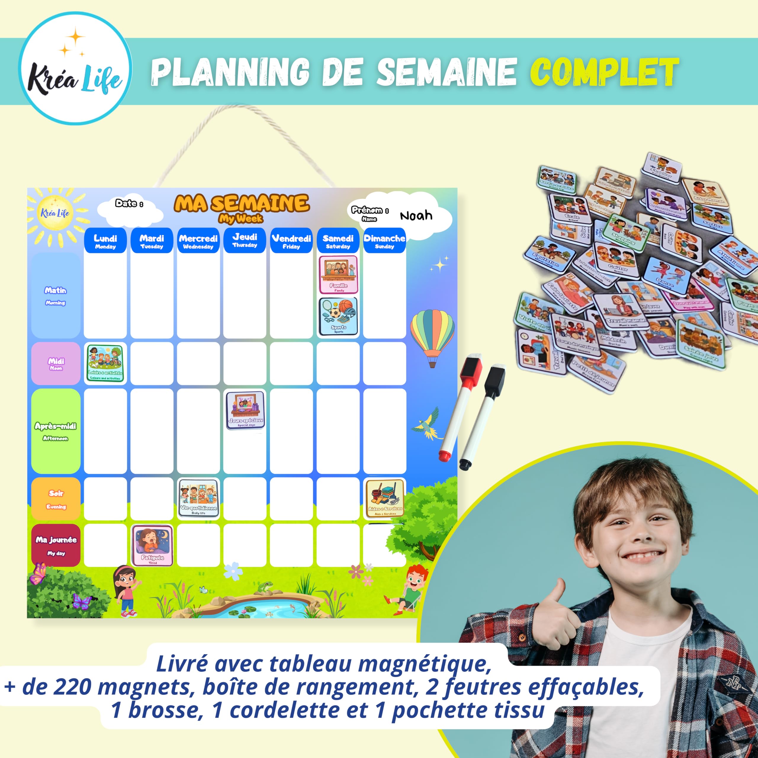 KréaLife® Planning Semaine Enfant Tableau Magnétique 40x40 cm +220 Aimants Colorés Éducatif Bilingue FR/EN