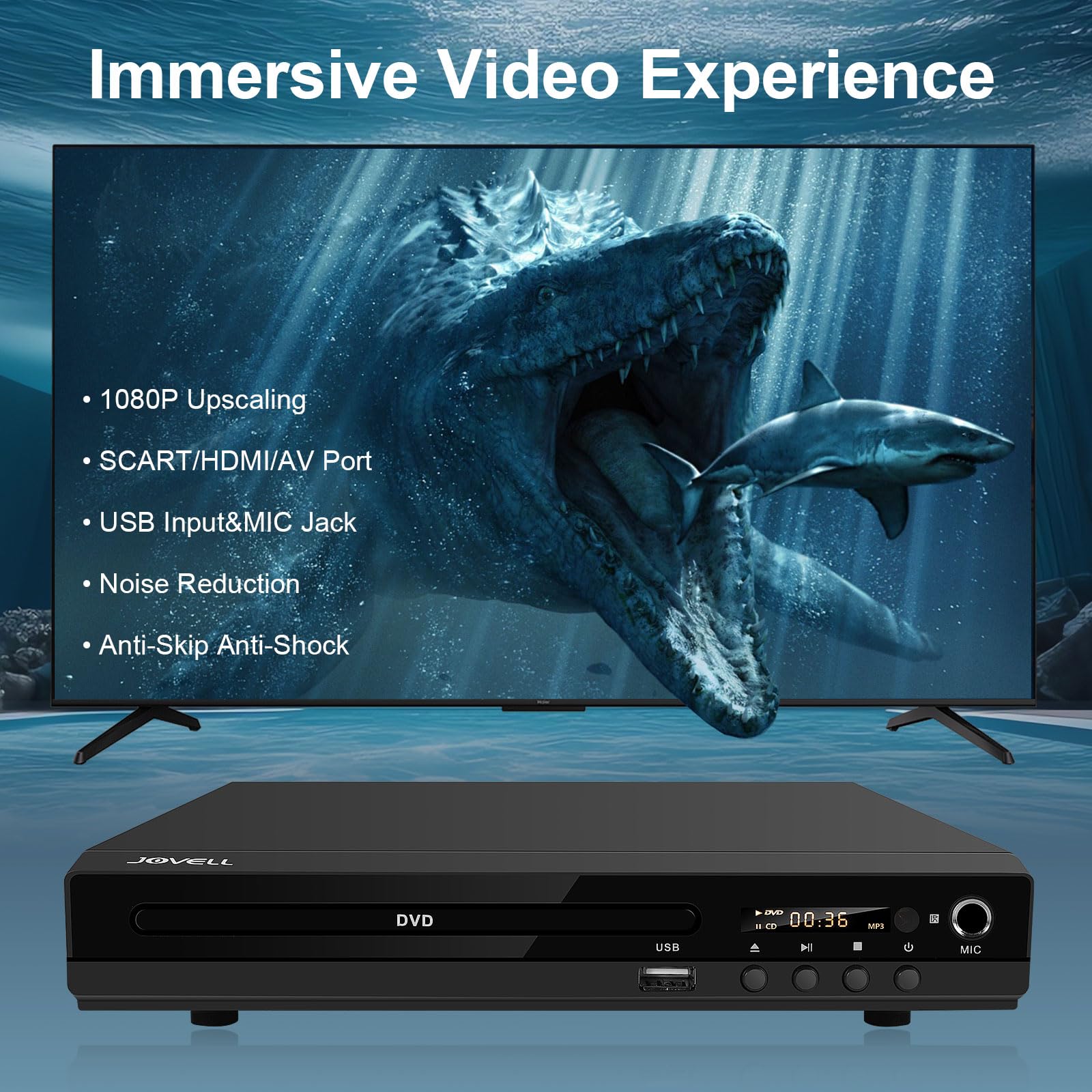 Reproductor de DVD para TV con Euroconector, JOVELL Reproductores de DVD Multiregión con Entrada USB, Salida HDMI AV, PAL NTSC Integrado, Reproduce Varios Formatos (No BLU-Ray, Modelo-170)