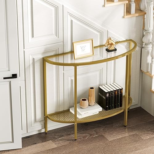 Miniatura 6 de SAYGOER Mesa consola de cristal de media luna, mesa de entrada estrecha de 2 niveles con marcos de metal dorado, mesa de sofá moderna, mesas de