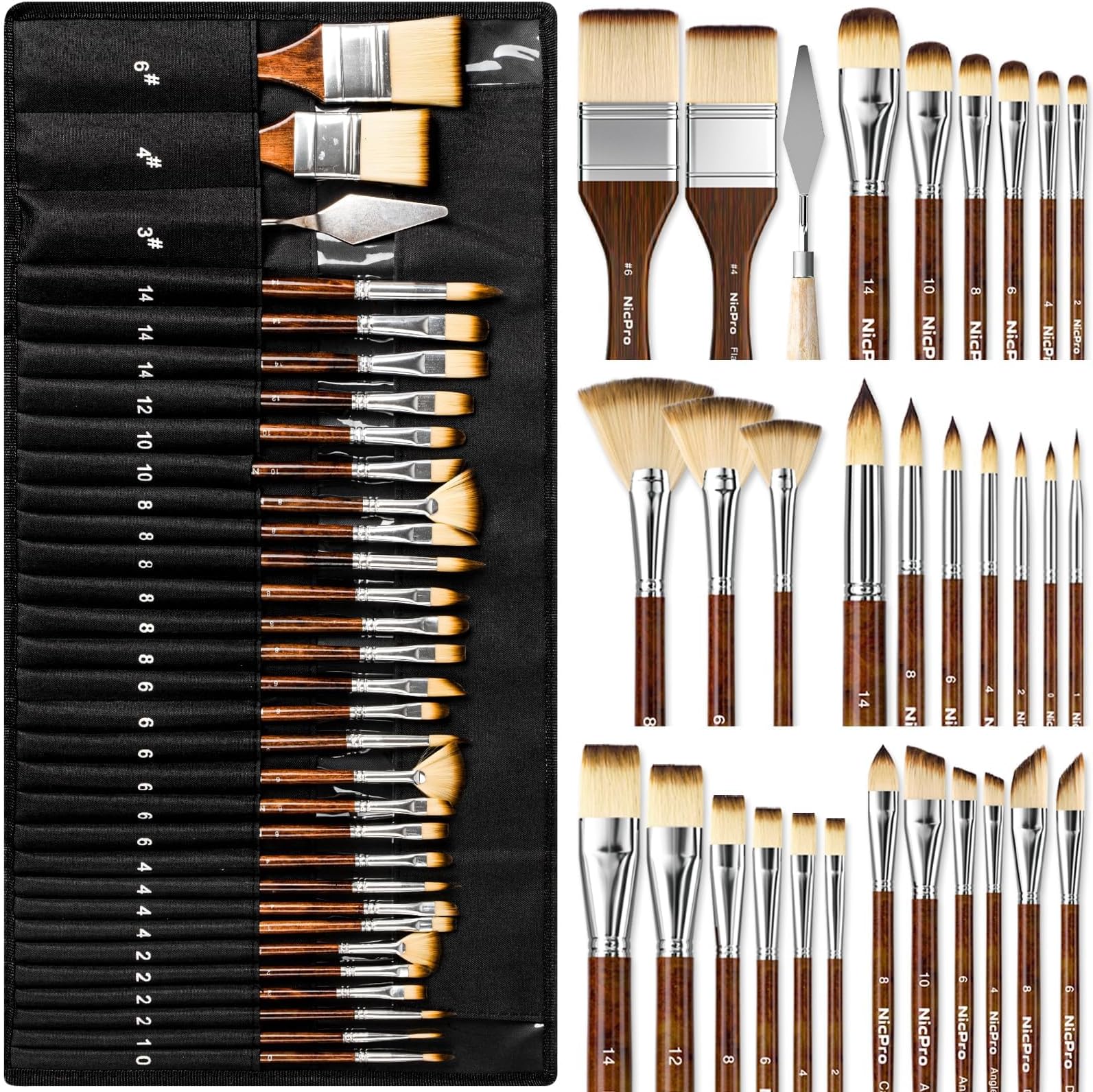 Nicpro 30pcs Paint Brush Set, Professional Paintbrushes with Palette Spatula and Cloth Roll, Craft Paint Brushes for Acrylic Painting, Oil, Watercolour, Gouache, Art Supplies for Artists and Beginners