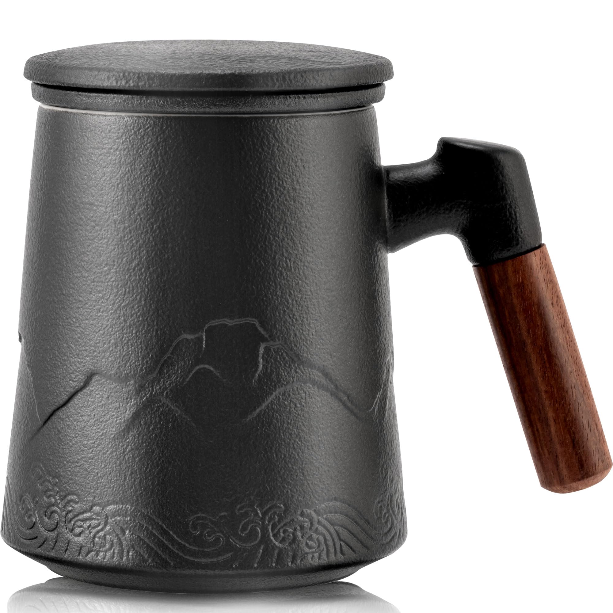 suyika Tea Cup with Infuser and Lid, 15.2 Ounce Wood Handle Ceramic Loose Leaf Tea Mug,Embossed Tea Steeping Mug for Gifts, Gradient Black 450ml