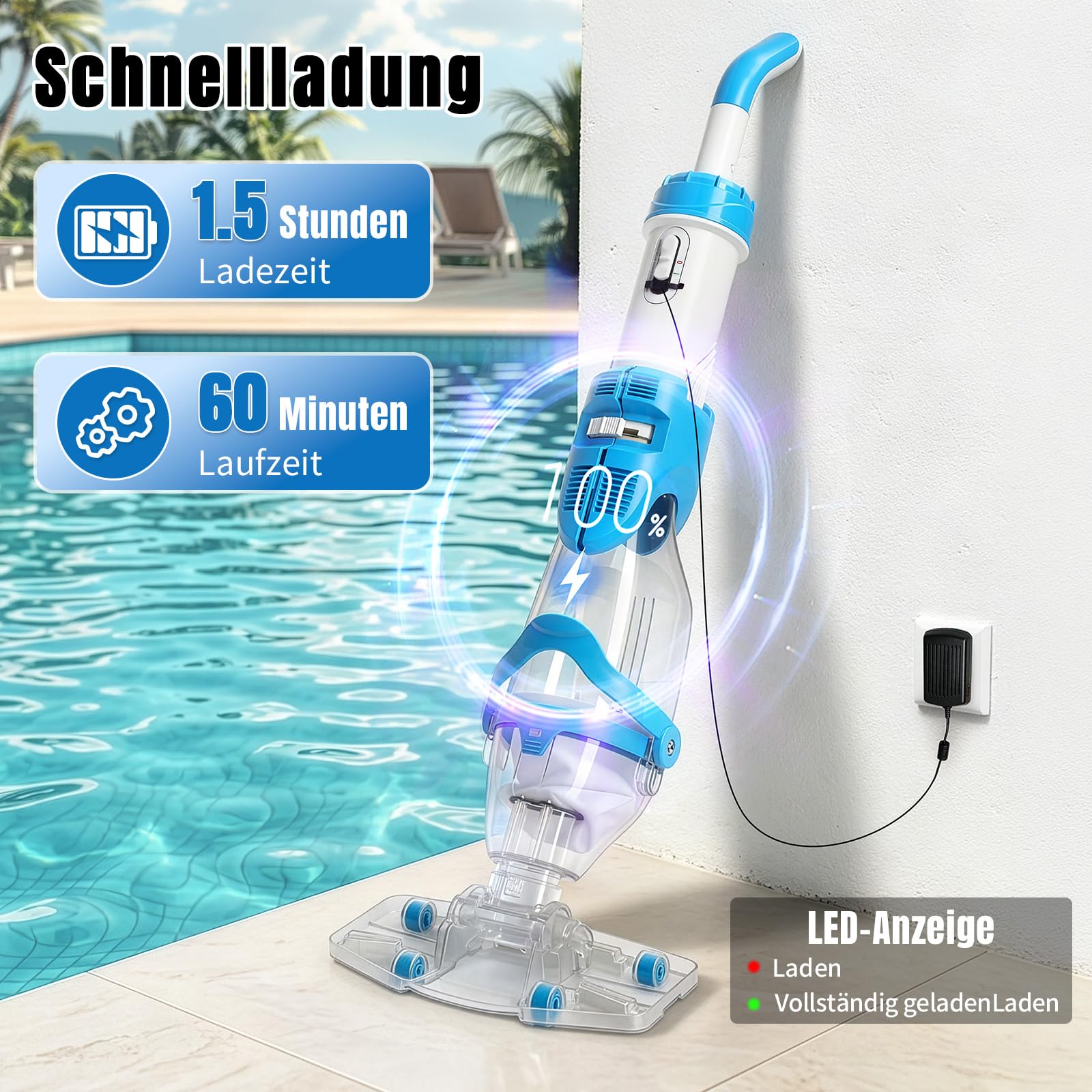 LEADZM Poolsauger Akku, Handsauger, Bodensauger bis zu 60 Minuten, Absaugung bis zu 4300L/H, Pool Sauger mit 250cm Teleskopstange, Poolreiniger mit 2 Filter (Blau)