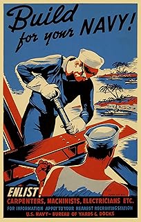 WW2 American Propaganda Poster - Build For Your Navy, US Navy Recruiting Poster Metal Tin Sign, 8x12 Inch War Poster Wall Decor