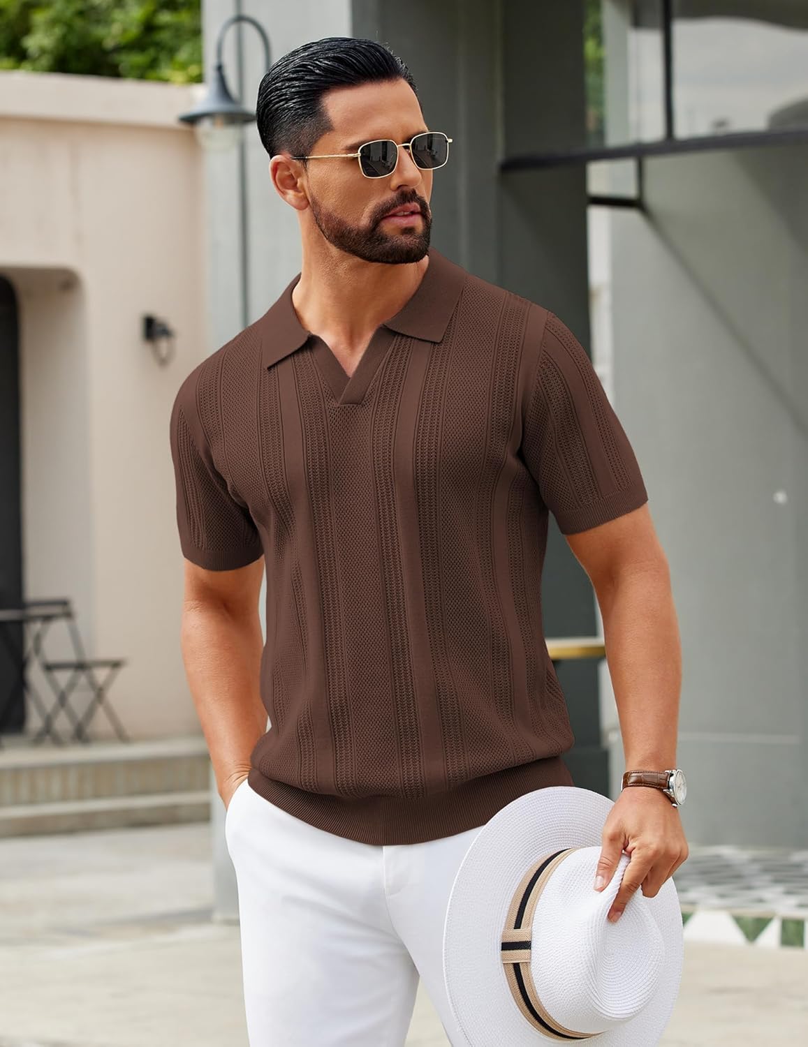 COOFANDY Mens Knit Polo Shirts V Neck Textured Polo Shirts Short Sleeve Breathable Polo Casual Collared T Shirt Fashion Tops - Image 8