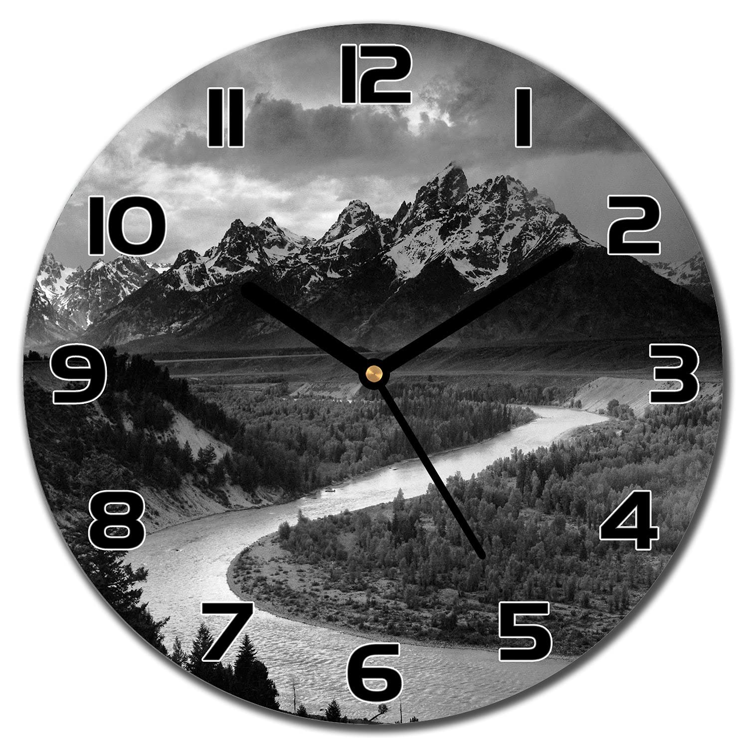 Horloge en verre de sécurité à aiguilles noires et impression montagnes haute définition