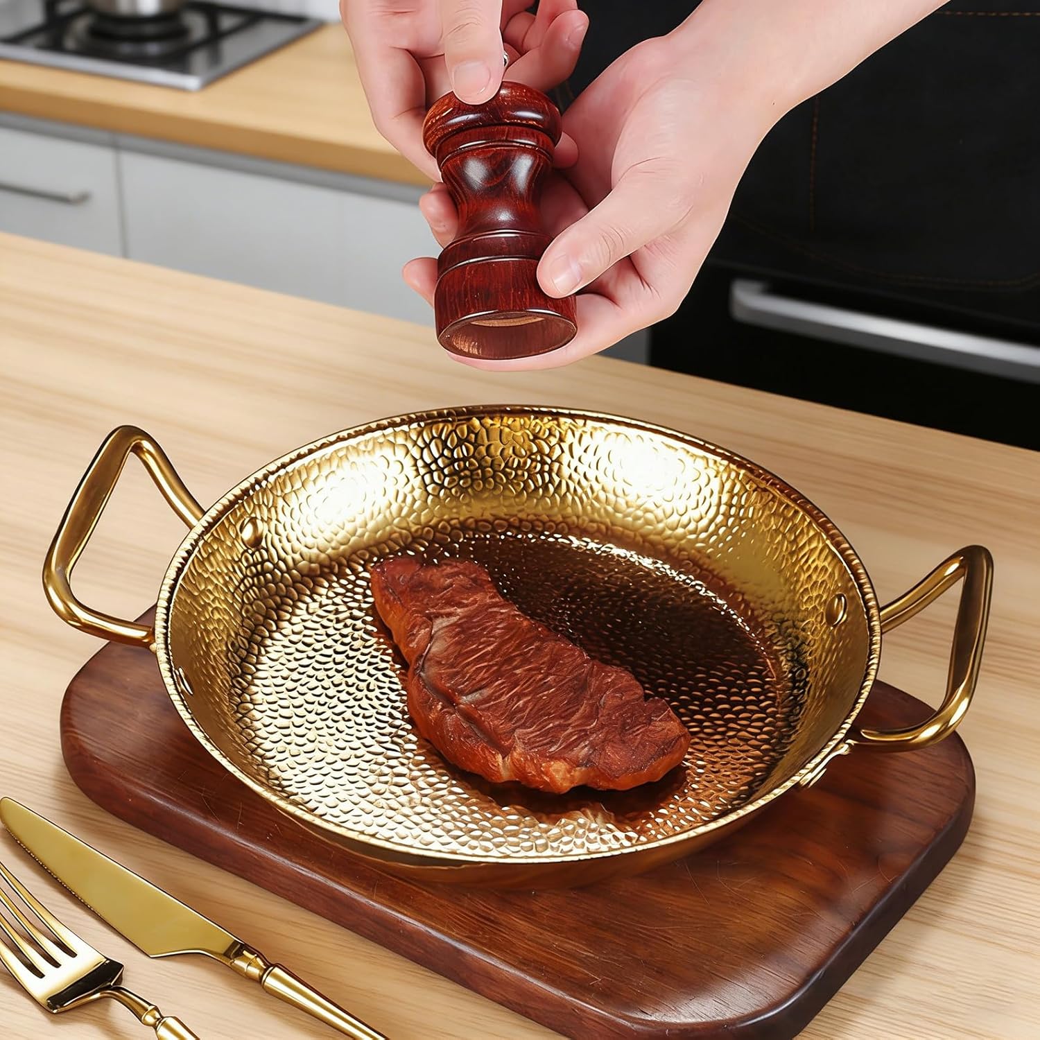 32cm Hand Hammered Paella Pan with Dual Handles, 304 Stainless Steel Nonstick Seafood Paella Cookware, Gold, Large Skillet for Home or Restaurant Cooking Silver 26CM/10.2in